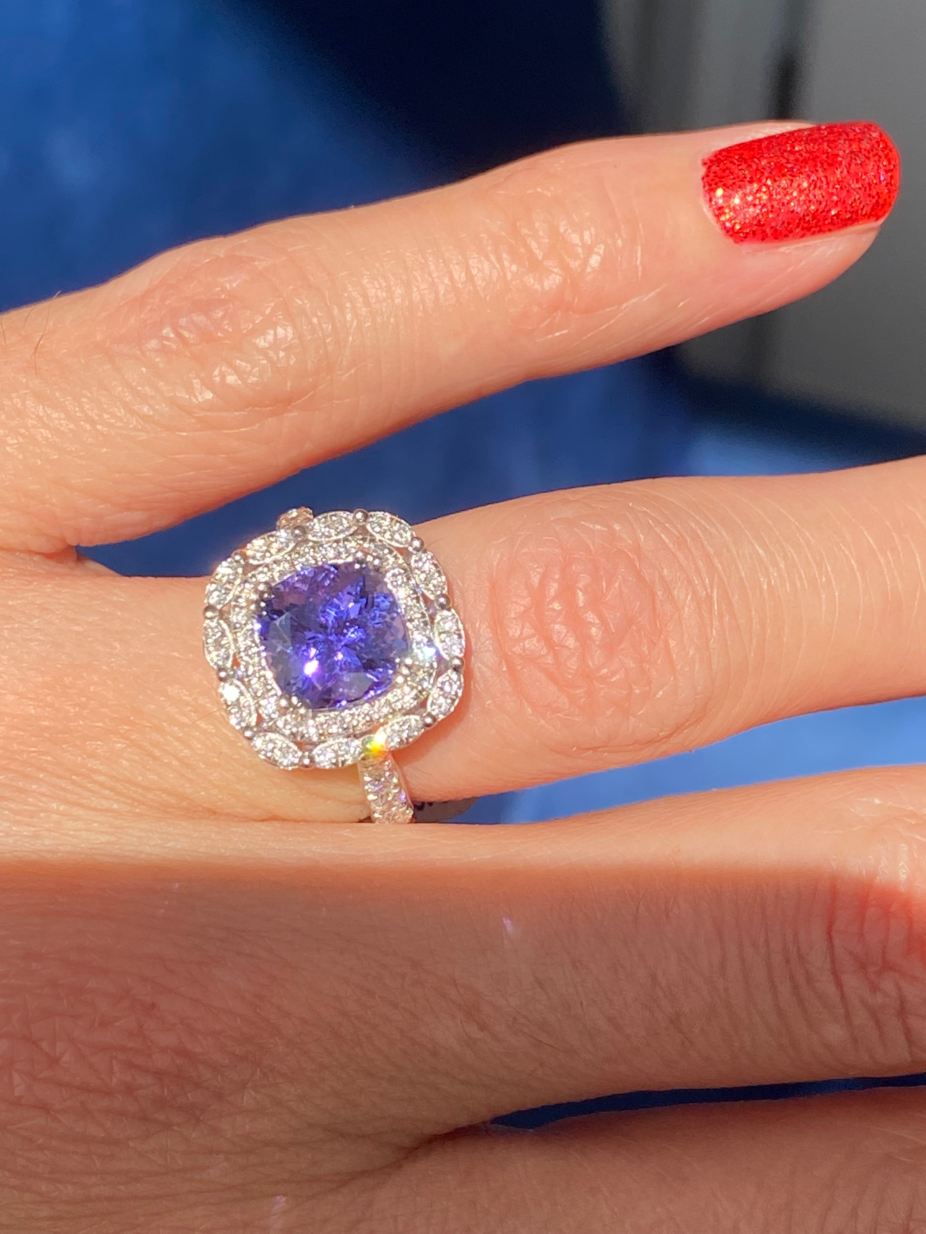2.36 Carat Cushion Cut Tanzanite and 0.71 ctw Natural Diamond Ring in Platinum