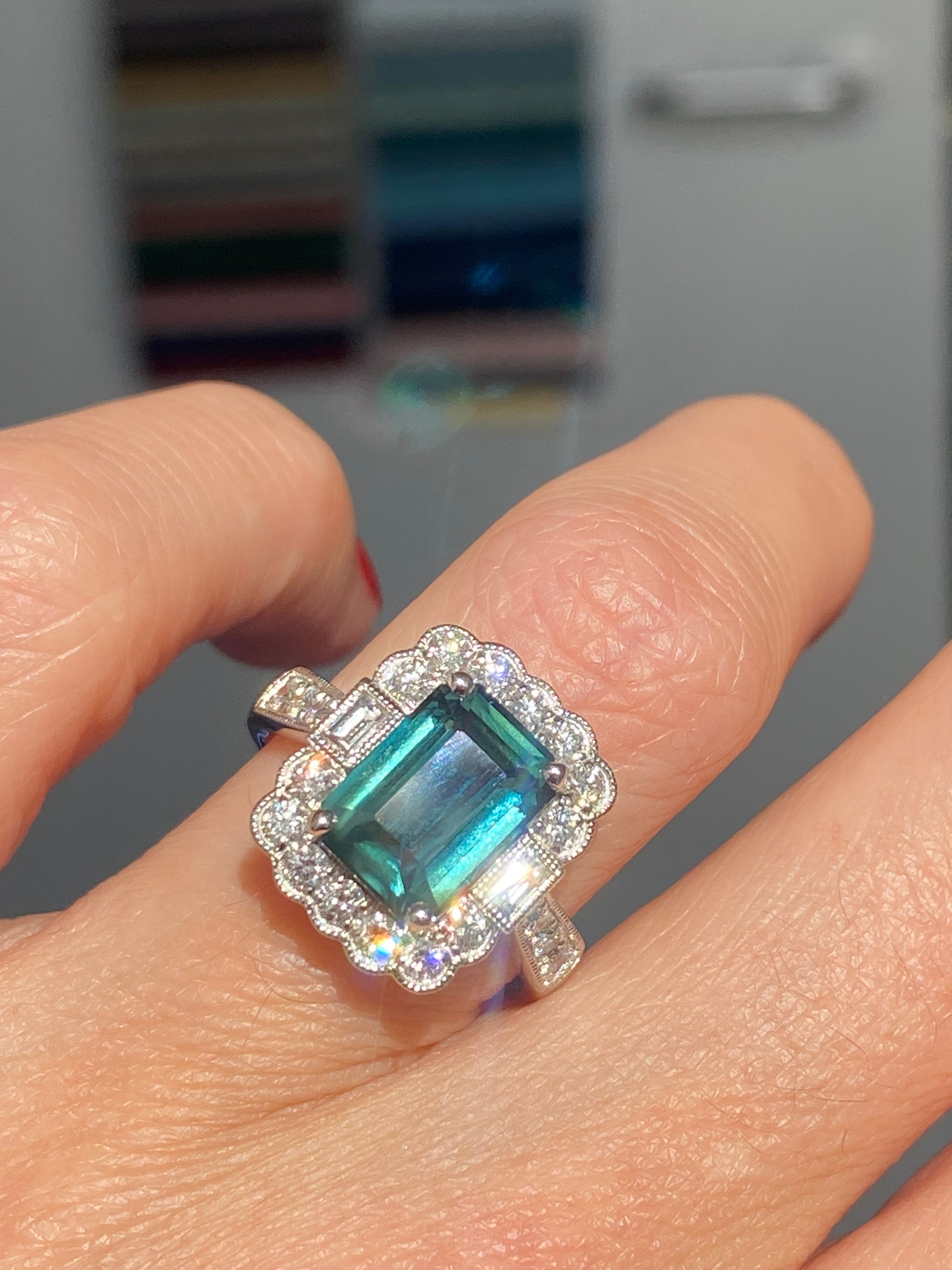 3.73 Carat Teal Sapphire and Natural Diamond Ring in Platinum
