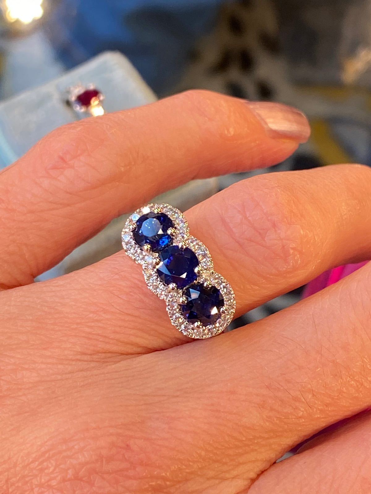 2.74 CTW Round Cut Blue Sapphire and Diamond Trilogy Ring in Platinum