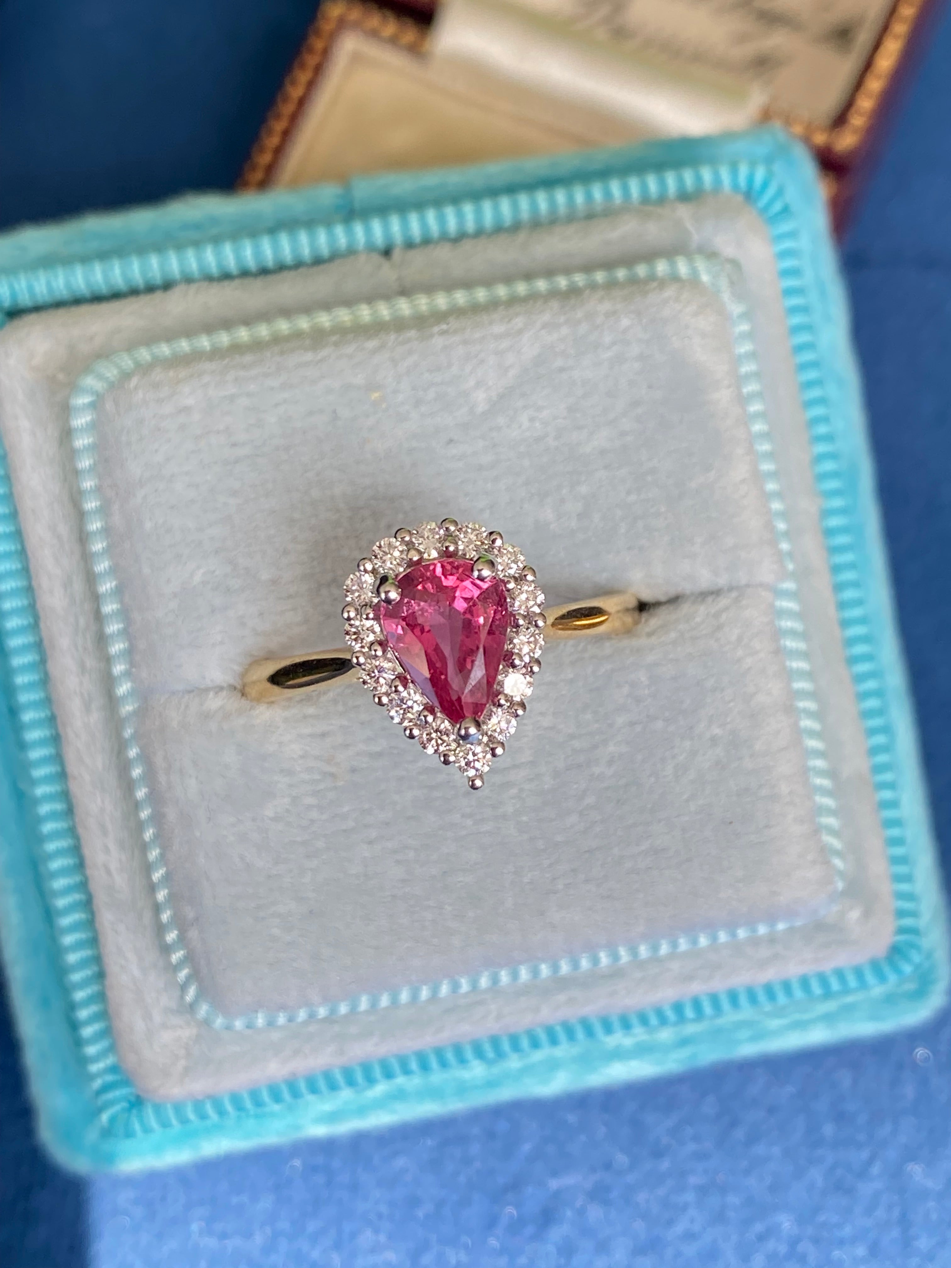 1.28 CTW Pear Cut Ruby and Natural Diamond Ring in Platinum and 18ct Yellow Gold