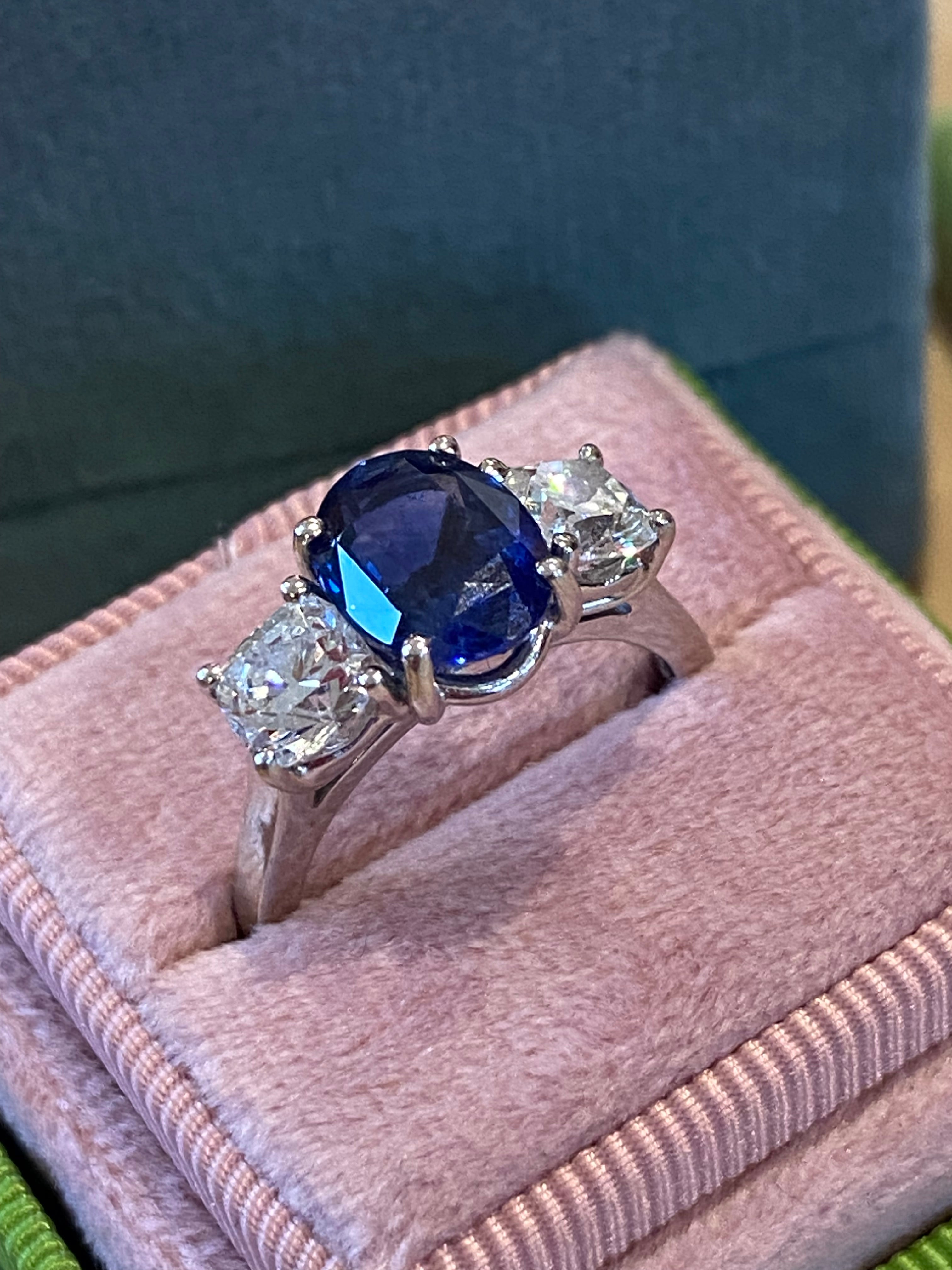 4.33 CTW Blue Ceylon Sapphire and Natural Diamond Three Stone Engagement Ring in Platinum