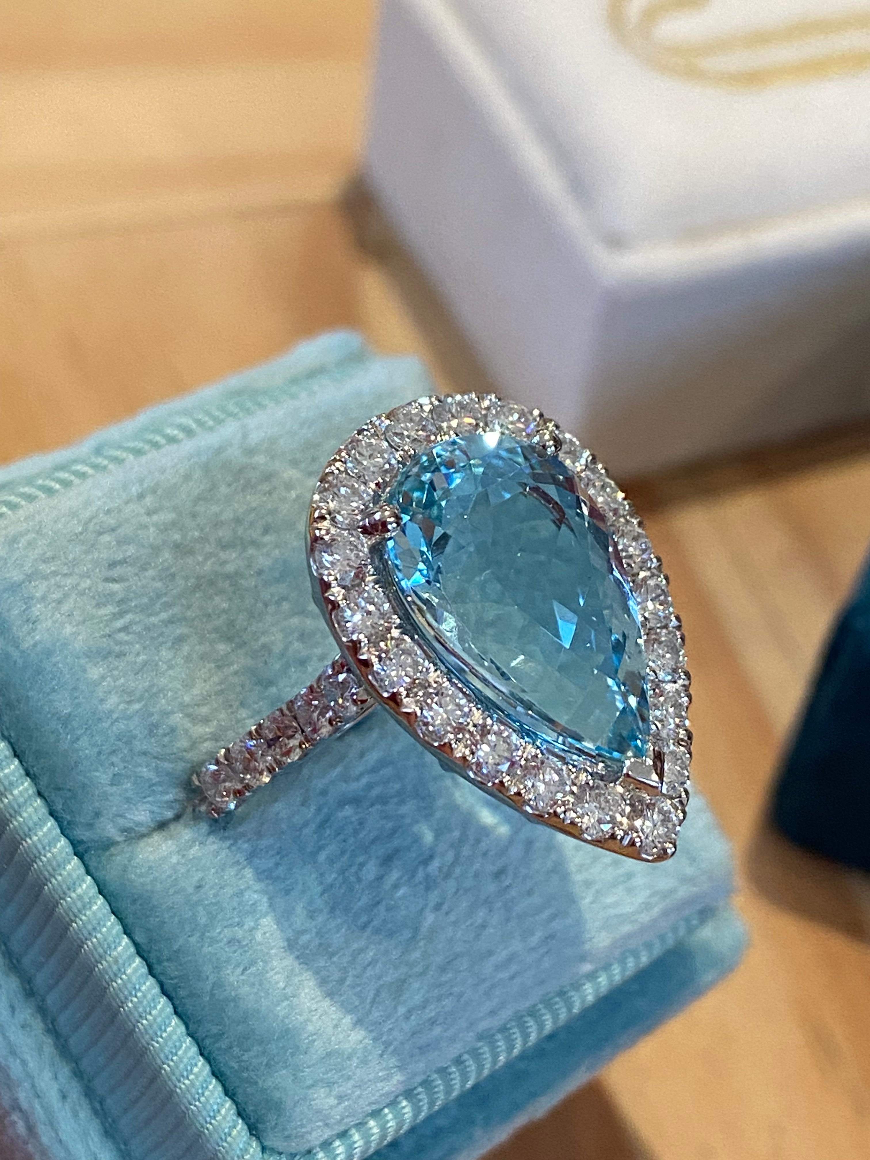 5.36 Carat Pear Cut Aquamarine and 1.38ctw Natural Diamond Ring in Platinum