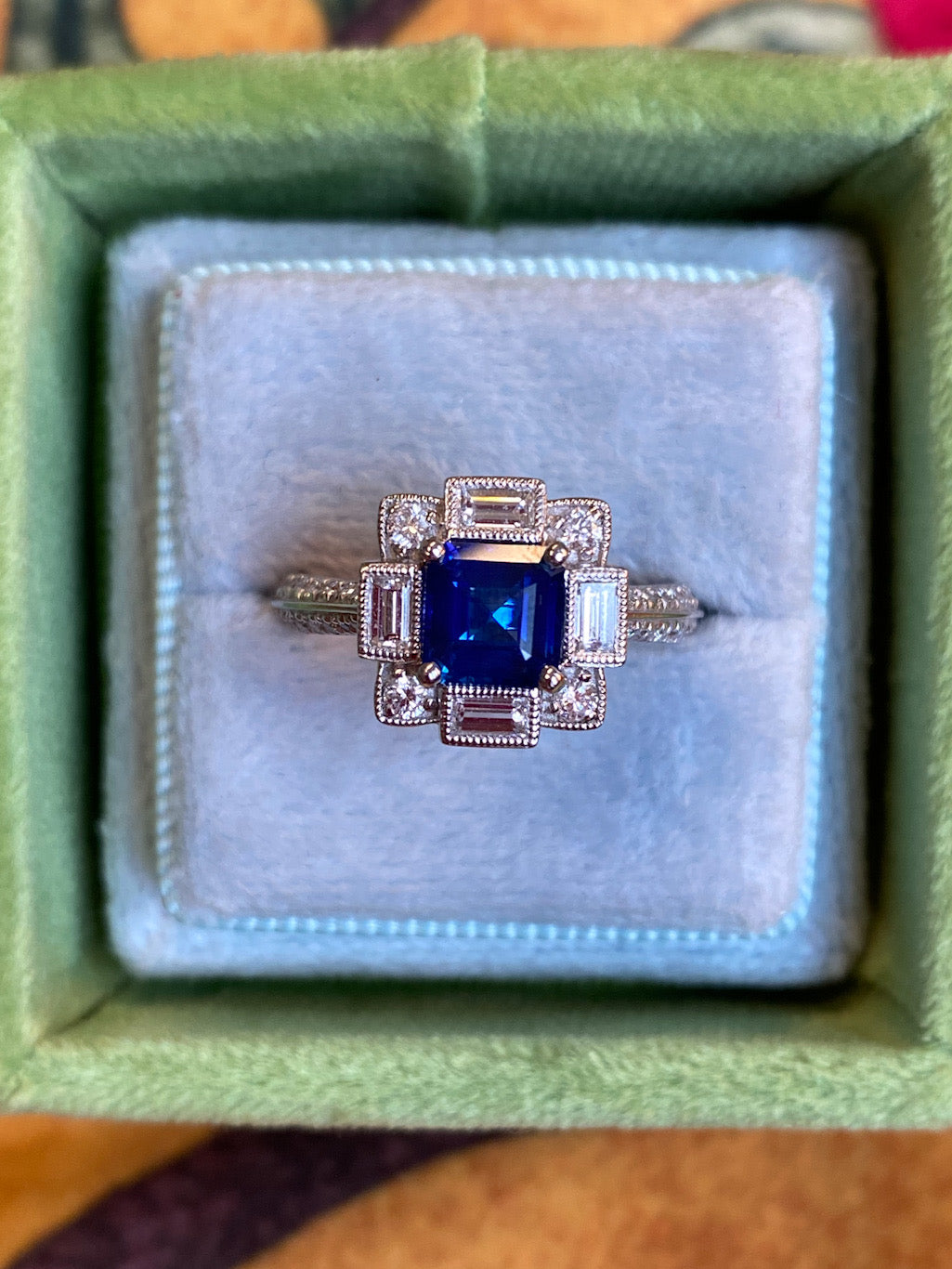 1.79 CTW Blue Ceylon Sapphire and Natural Diamond Art Deco Style Halo Ring in Platinum