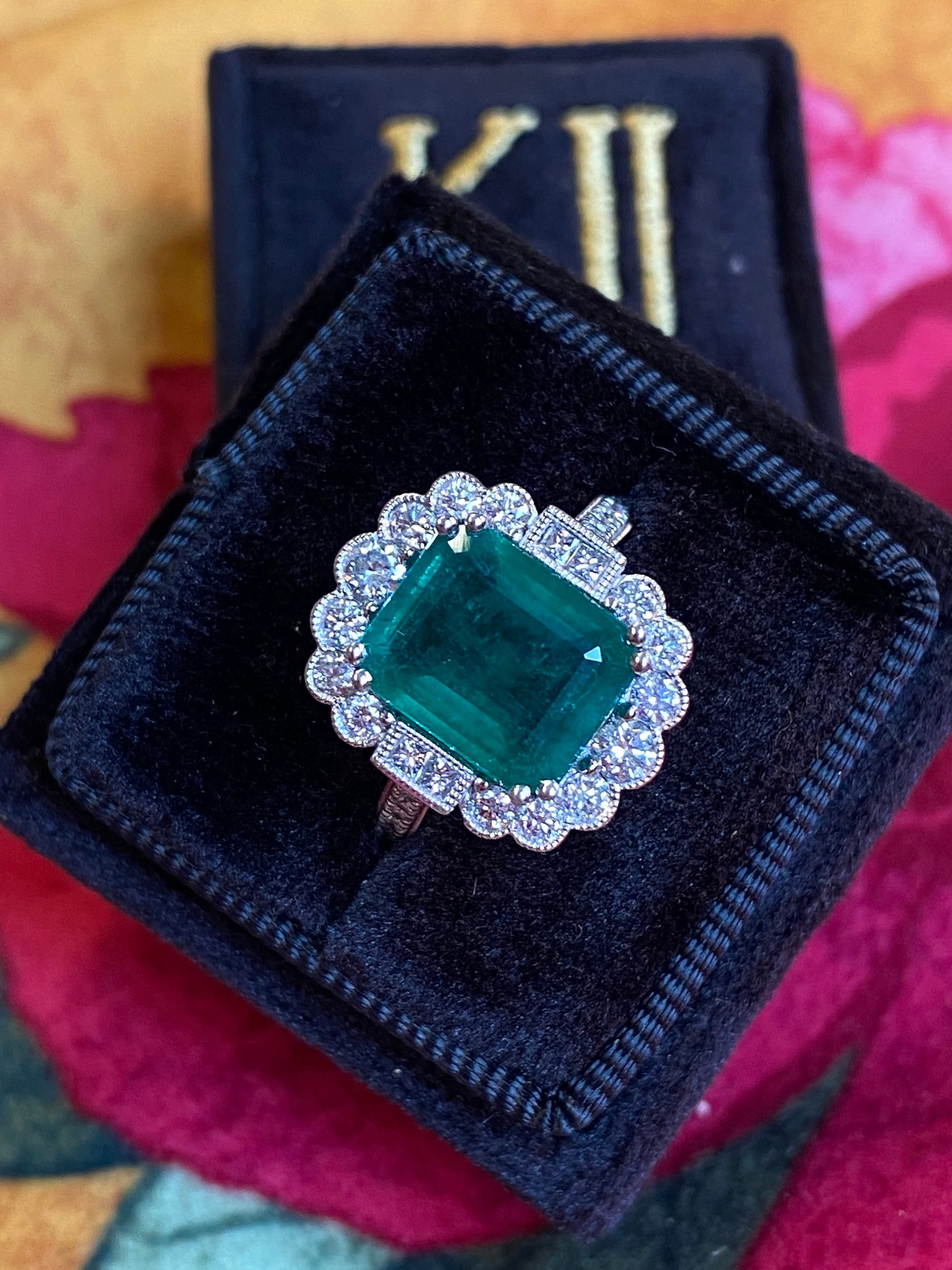 3.88 Carat Emerald and Natural Diamond Halo Ring in Platinum