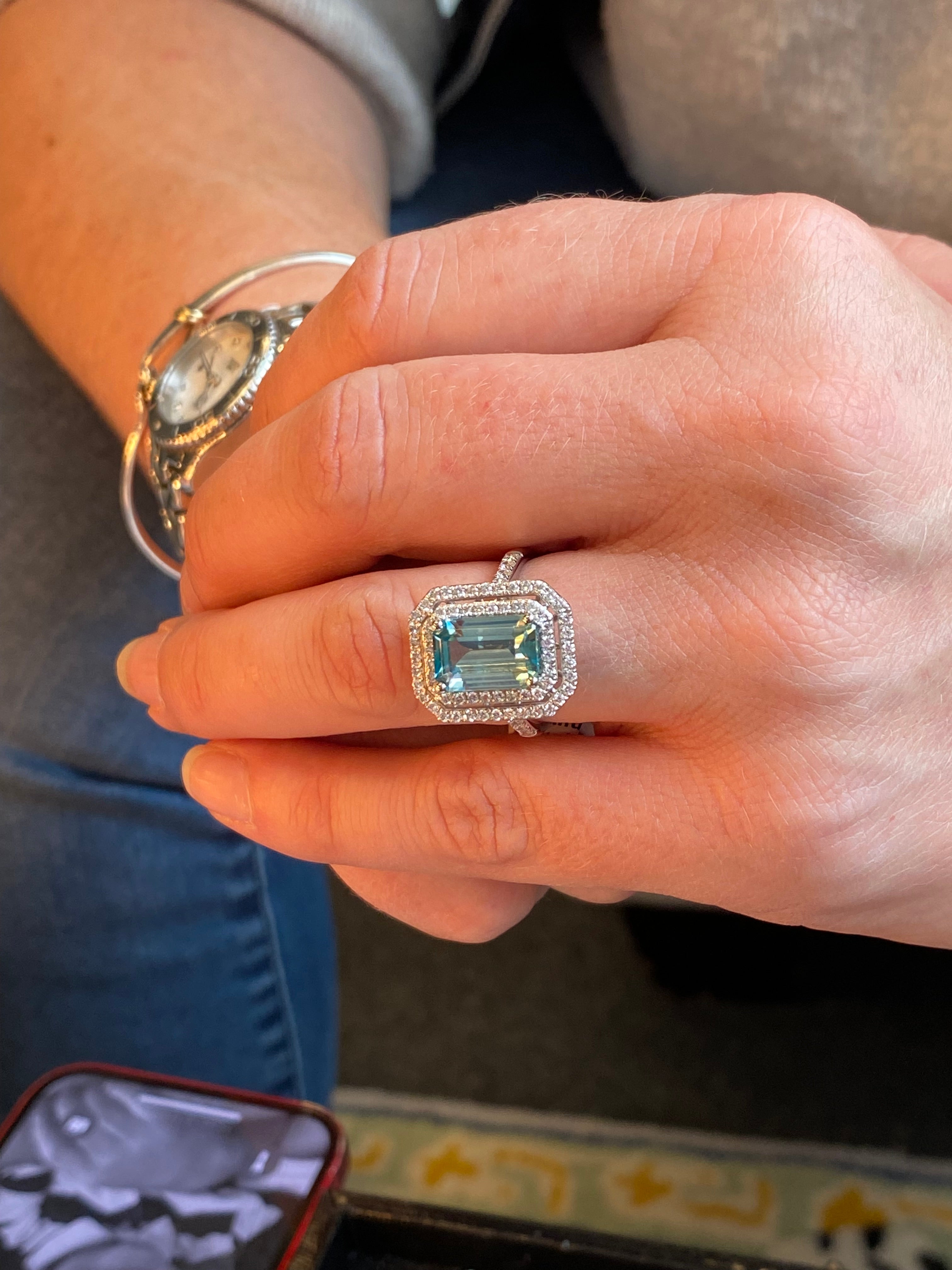 4.74 Ctw Blue Zircon and Natural Diamond Halo Ring in Platinum