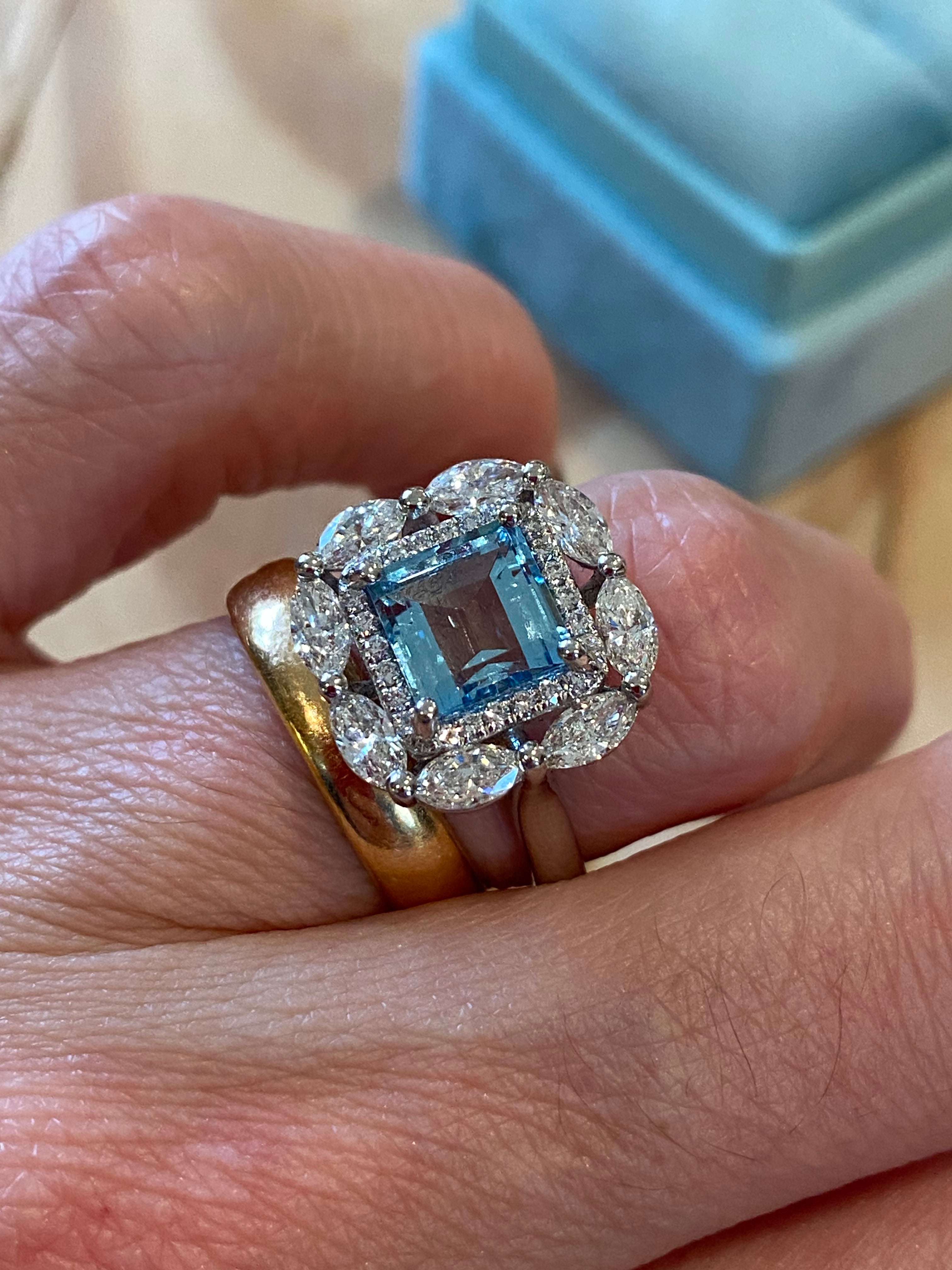 1.60 Carat Aquamarine and 1.18 ctw Natural Diamond Ring in Platinum