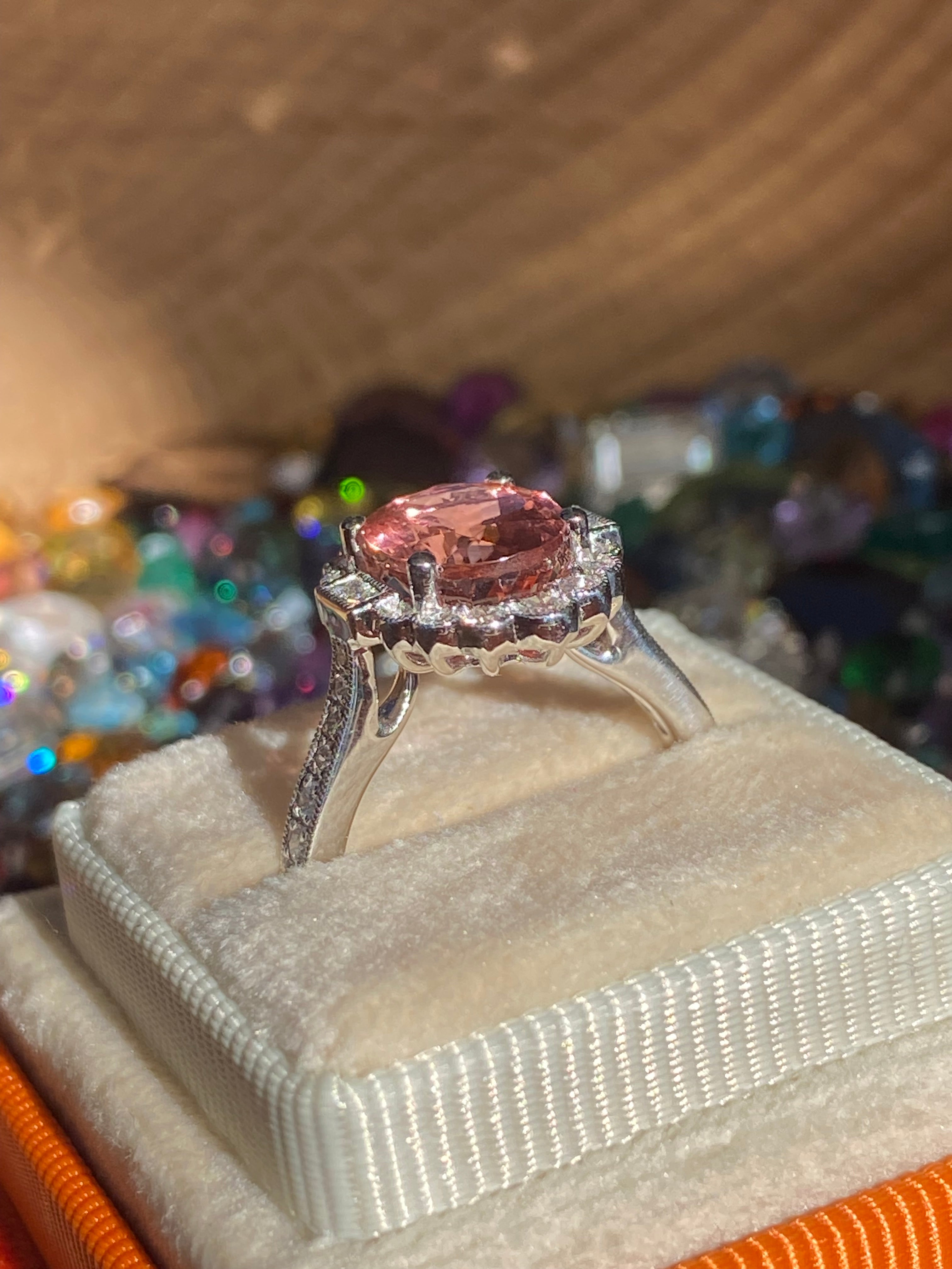 3.69 CTW Rose Tourmaline and Natural Diamond Halo Ring in Platinum