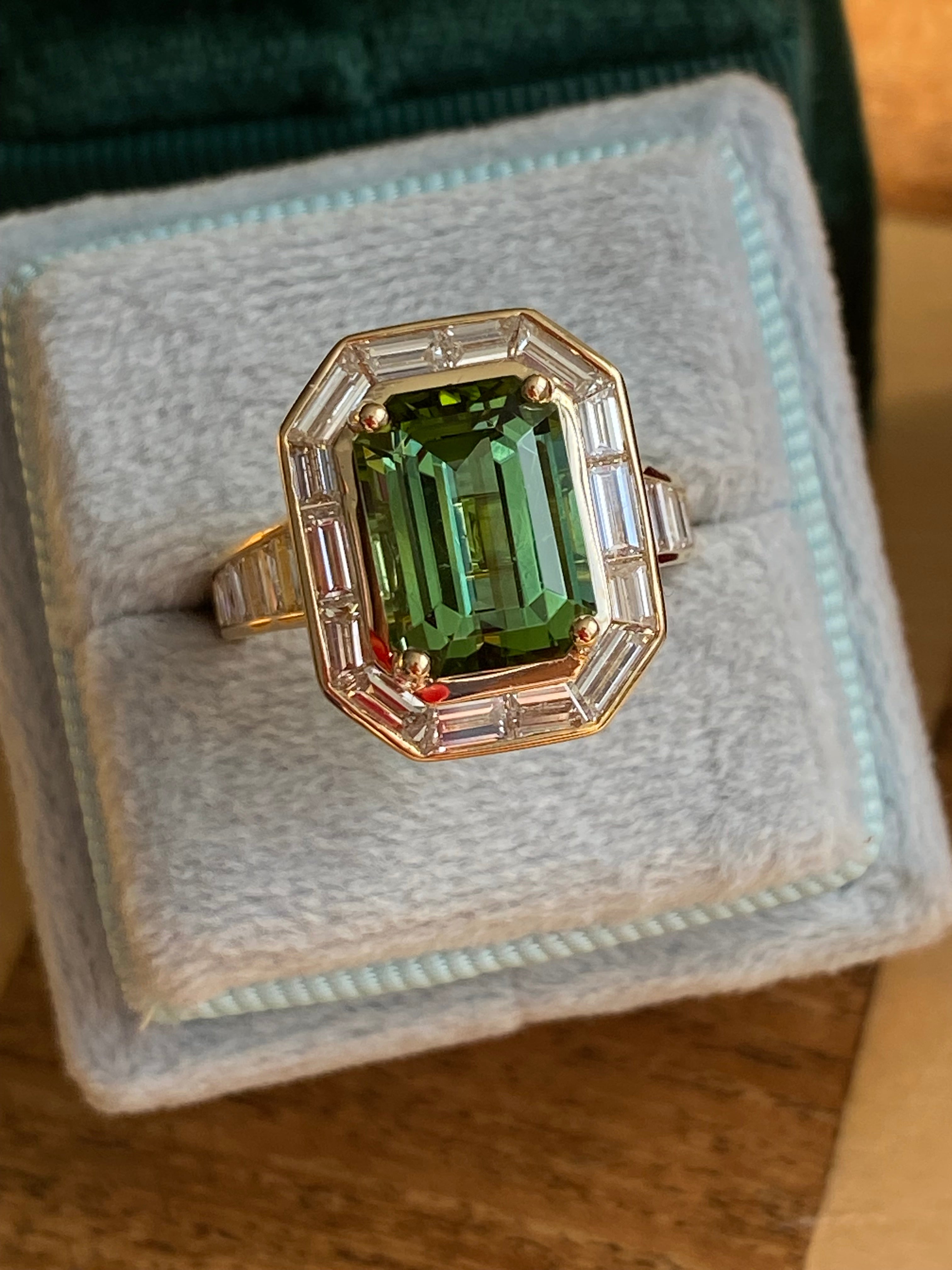 3.85 Carat Green Tourmaline and 1.84ctw Natural Diamond Ring in 18ct Yellow Gold