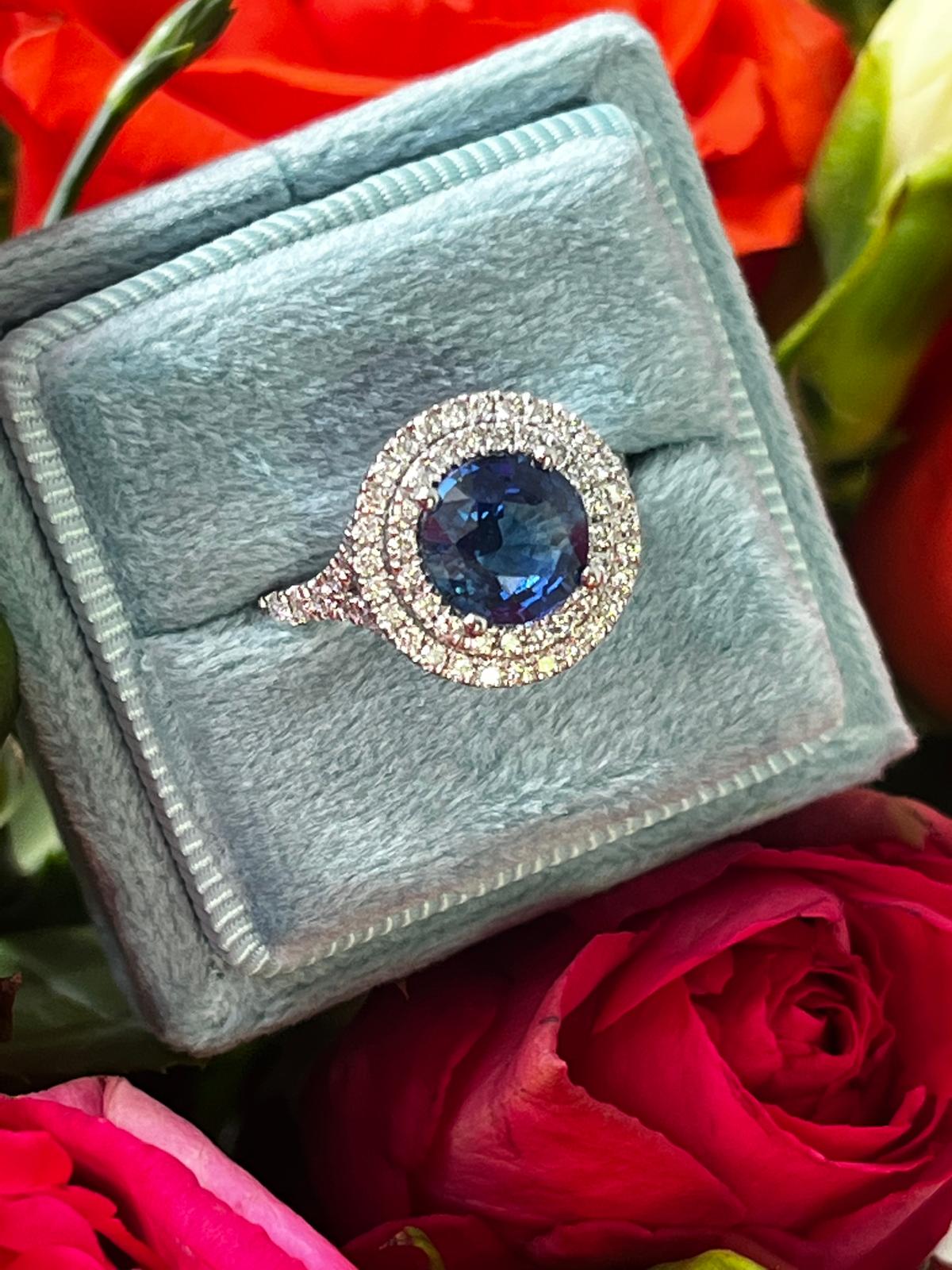 2.56 CTW Blue Ceylon Sapphire and Natural Diamond Double Halo Ring in Platinum