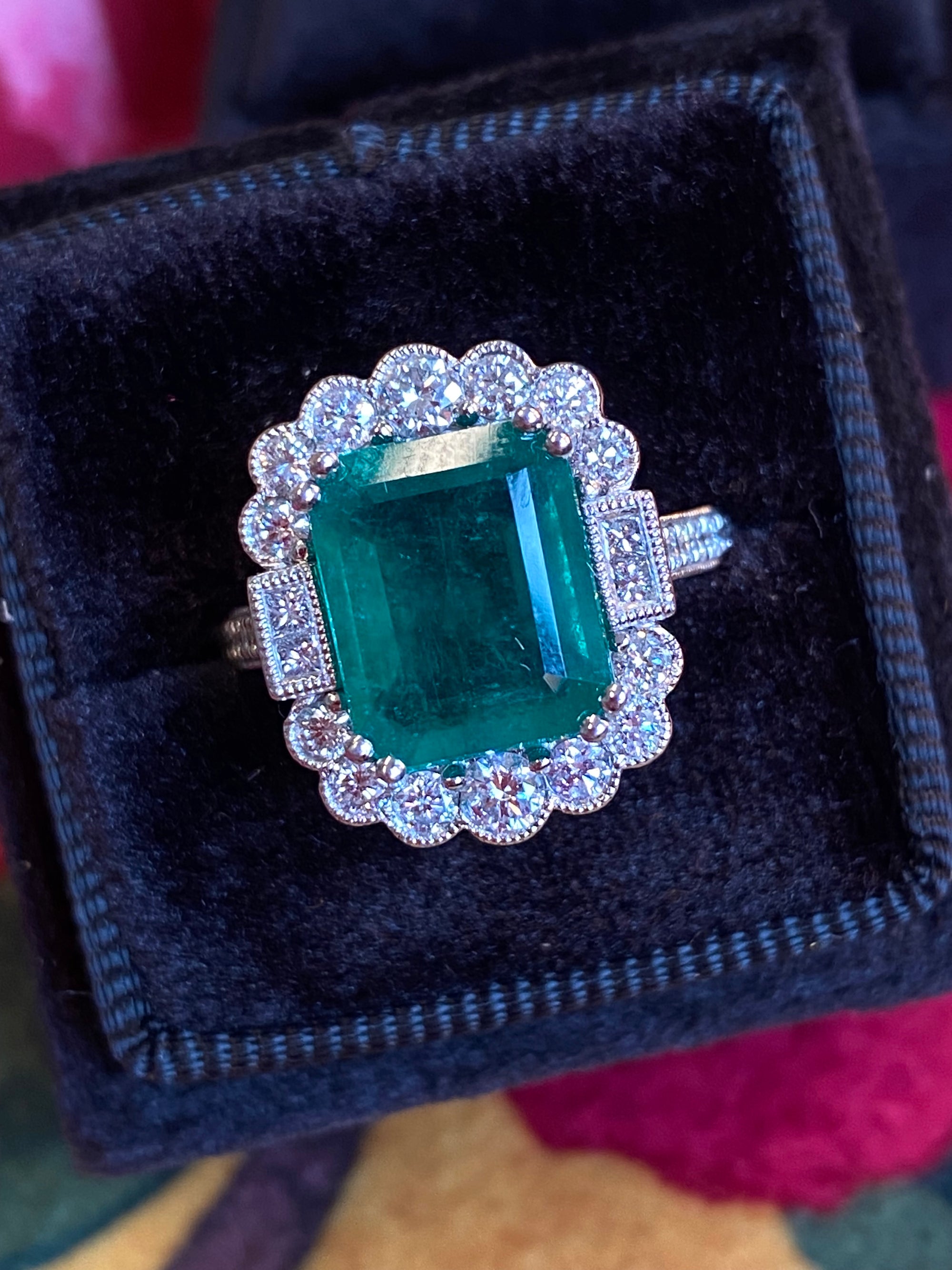3.88 Carat Emerald and Natural Diamond Halo Ring in Platinum
