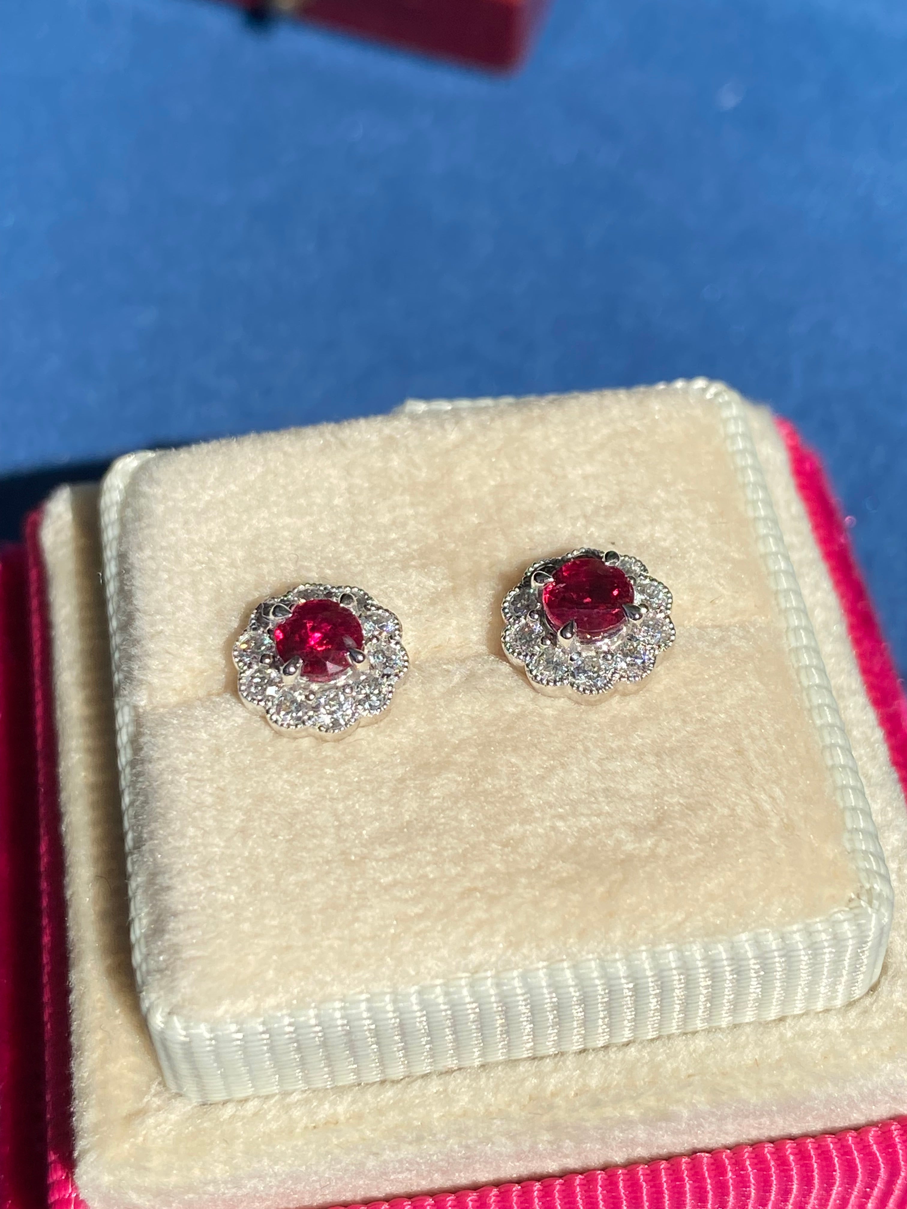 0.97 CTW Ruby and Natural Diamond Stud Earrings in 18ct White Gold