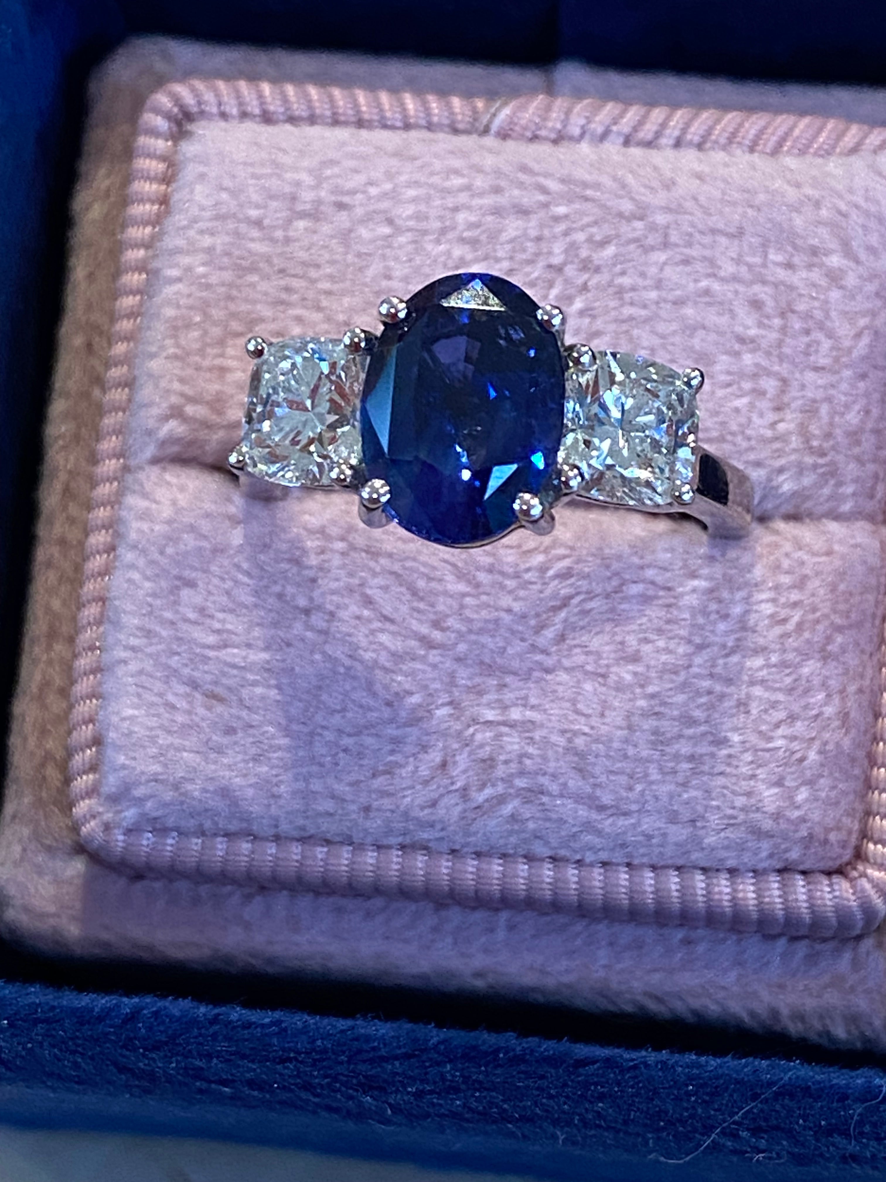 4.33 CTW Blue Ceylon Sapphire and Natural Diamond Three Stone Engagement Ring in Platinum