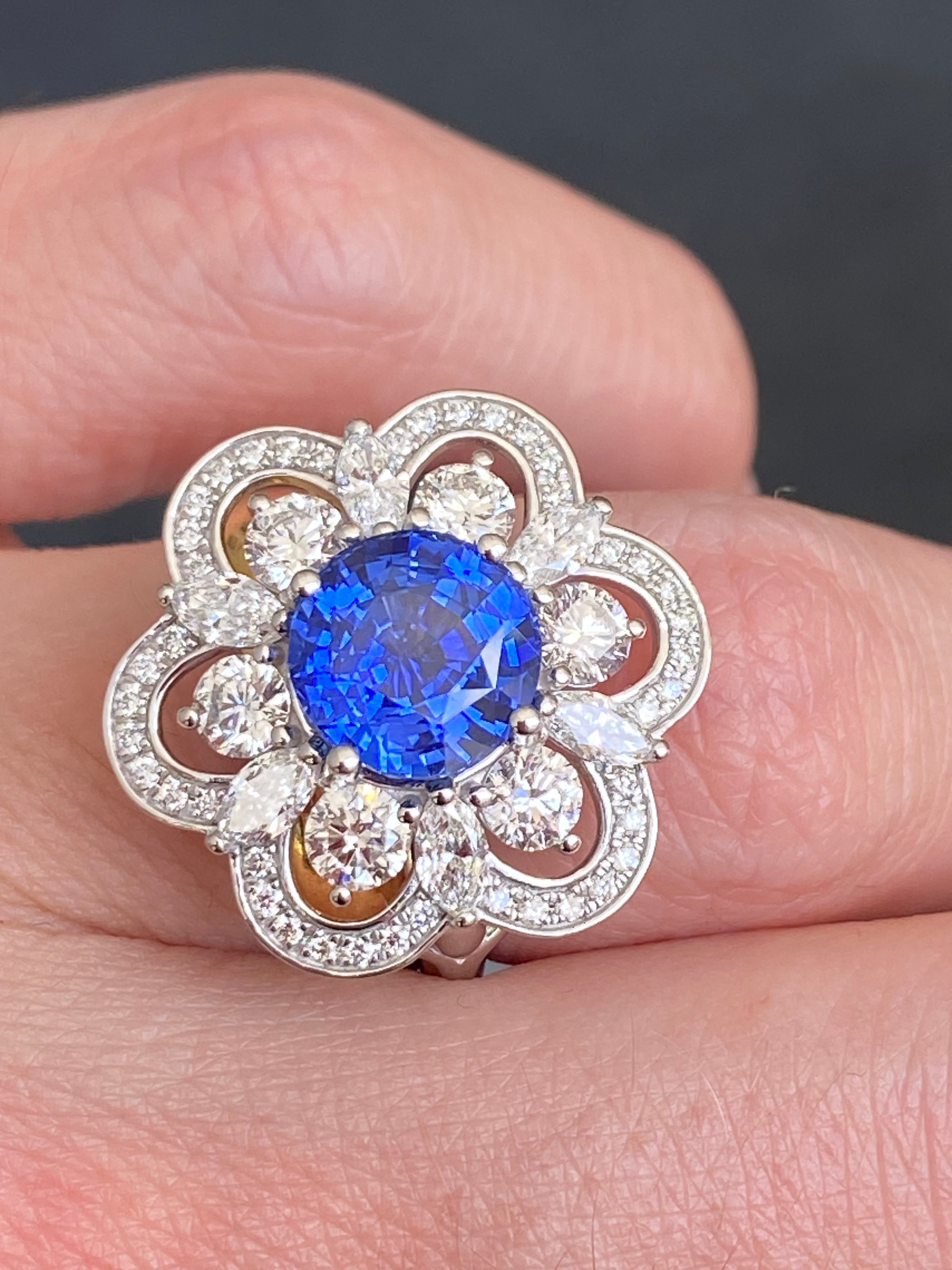 Masterpiece Showstopper 5.44 CTW Ceylon Sapphire and Natural Diamond Halo Cocktail Ring in Platinum