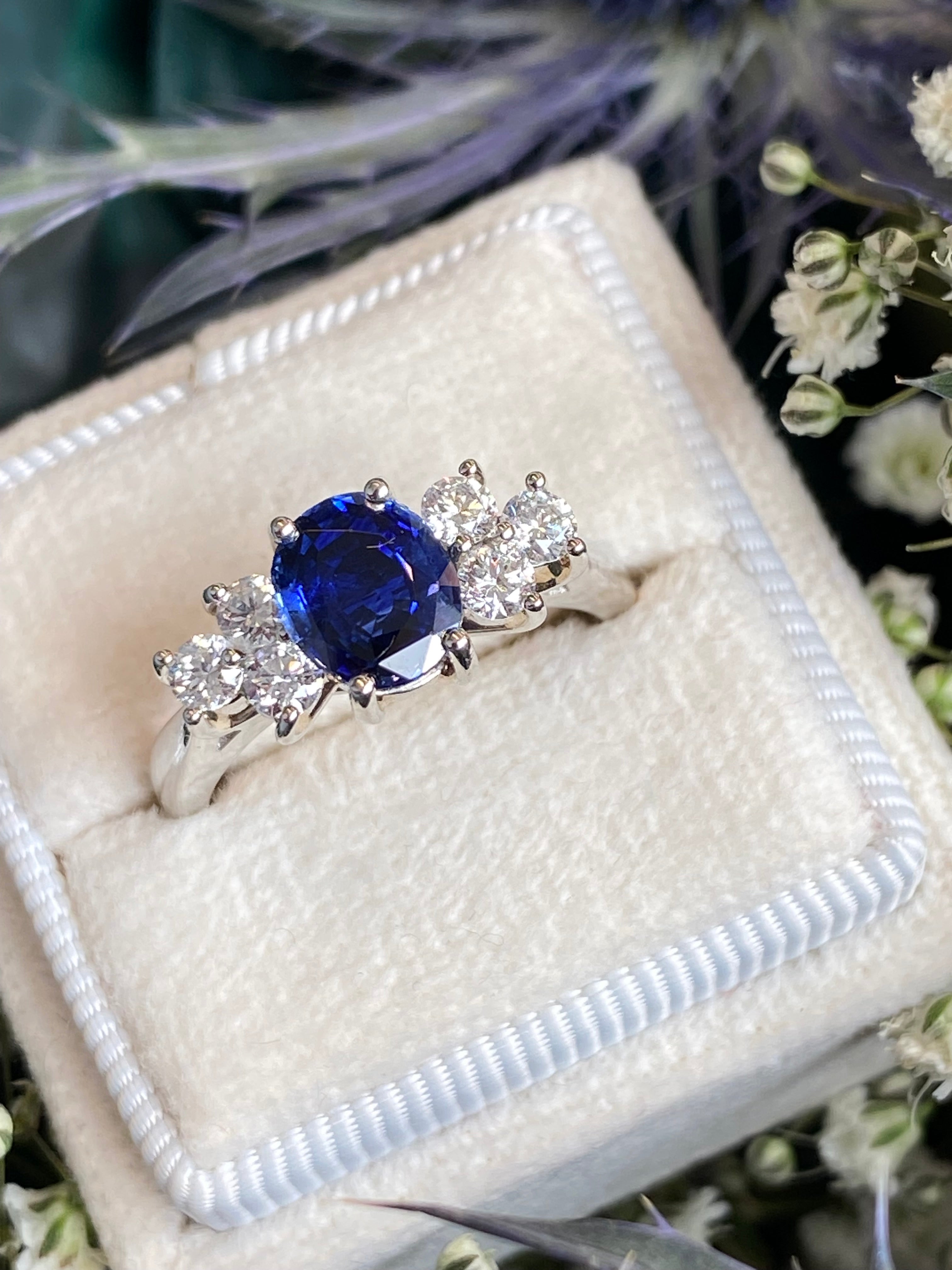 1.92 CTW Blue Ceylon Sapphire and Natural Diamond Trefoil Engagement Ring in Platinum