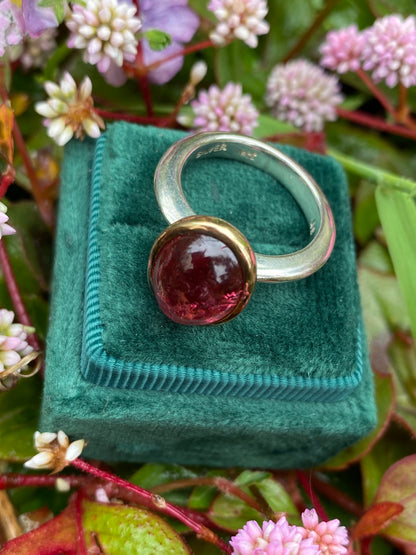 Cabochon Cut Pink Tourmaline Ring in Sterling Silver and 18ct Yellow Gold