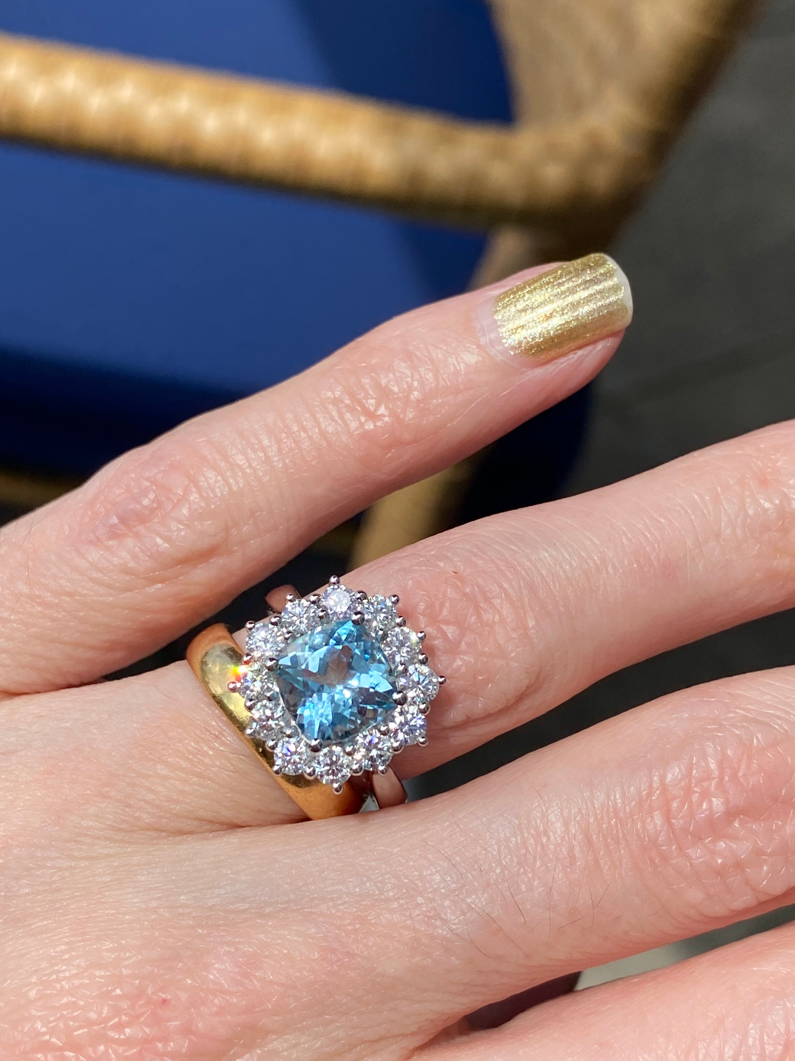 2.33 CTW Cushion Cut Aquamarine and Diamond Engagement Ring in Platinum