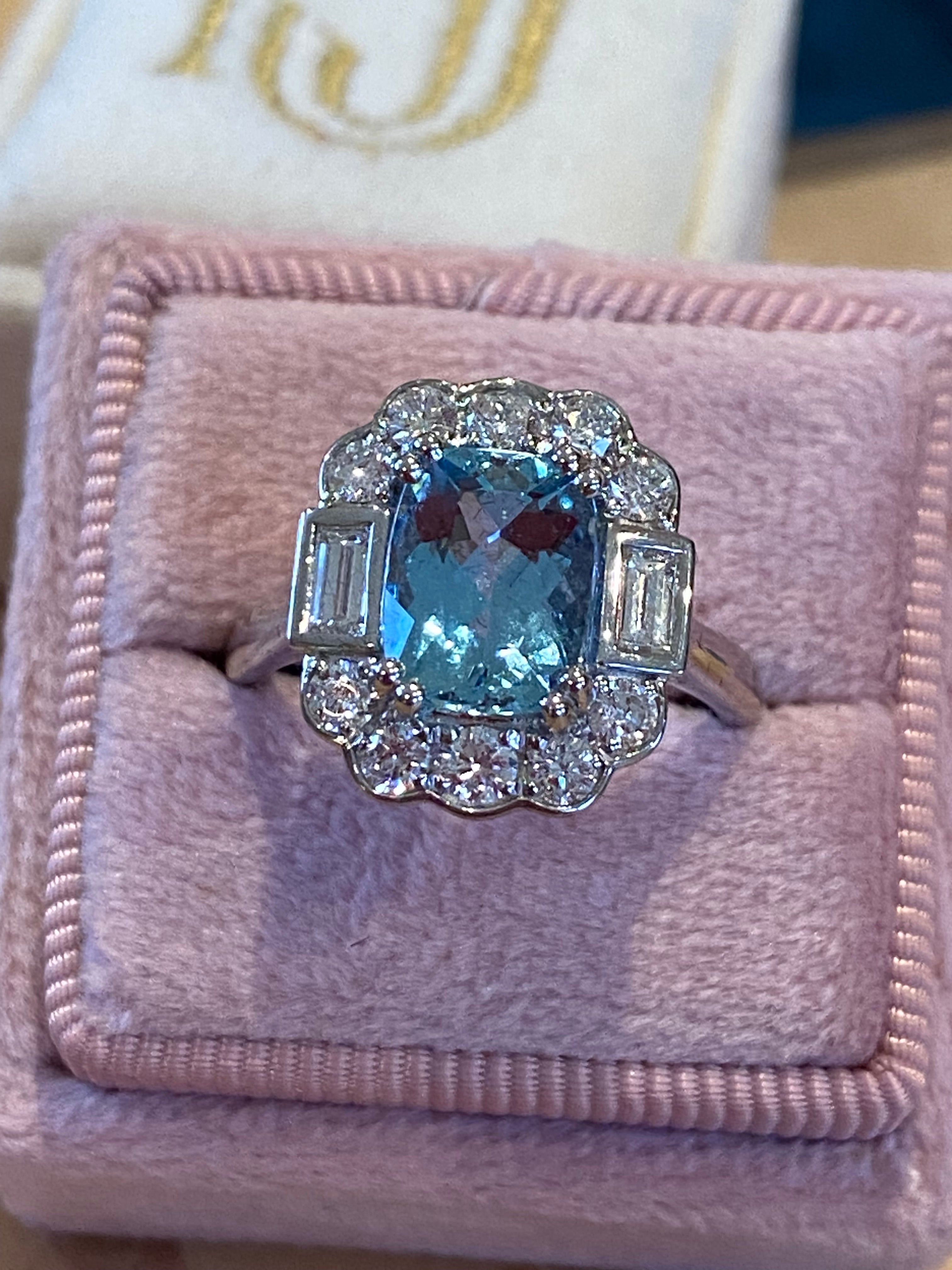 2.86 CTW Cushion Cut Aquamarine and Diamond Engagement Ring in Platinum