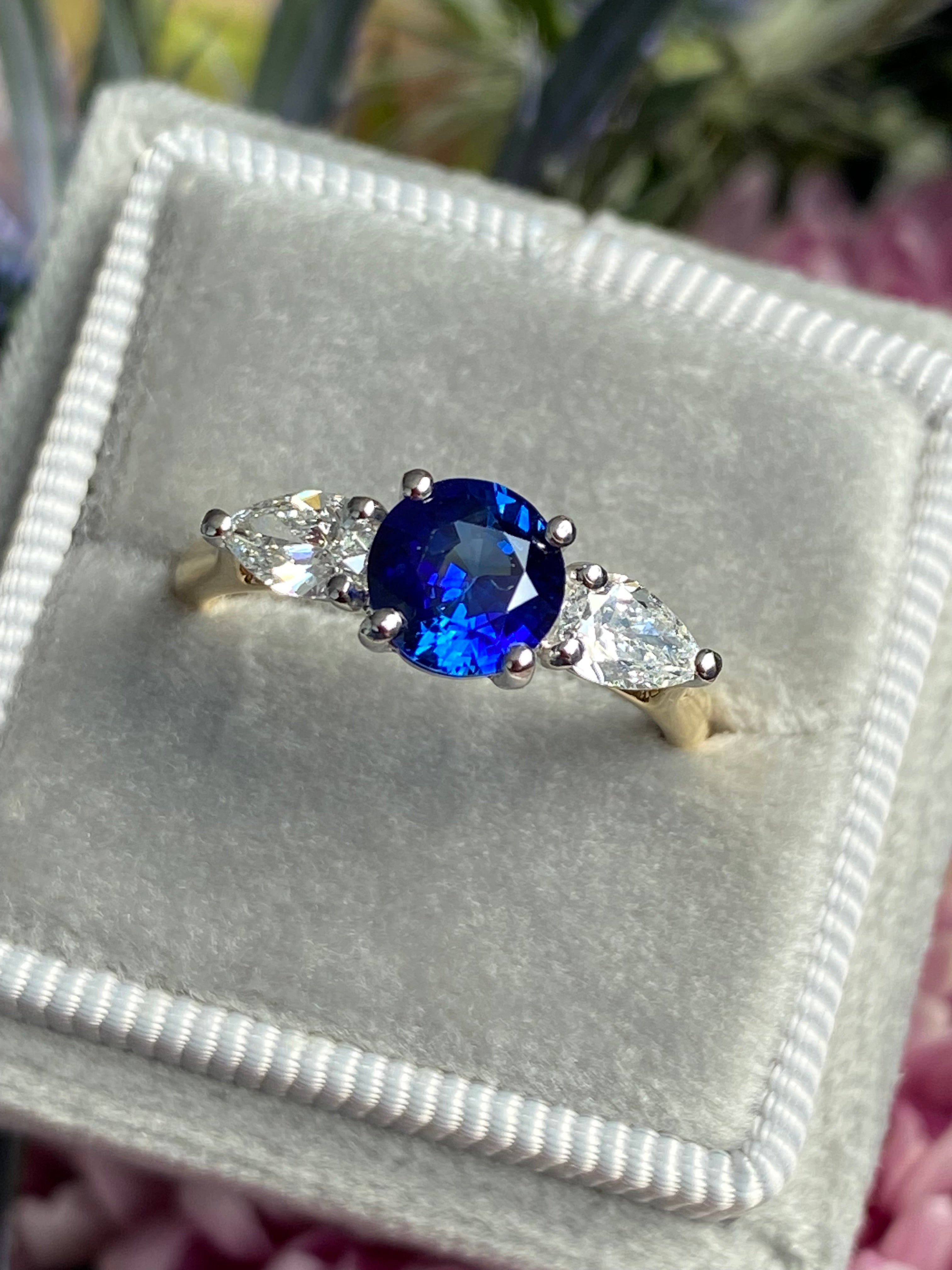 1.52 CTW Blue Ceylon Sapphire and Natural Diamond Three Stone Engagement Ring in Platinum and 18ct Yellow Gold