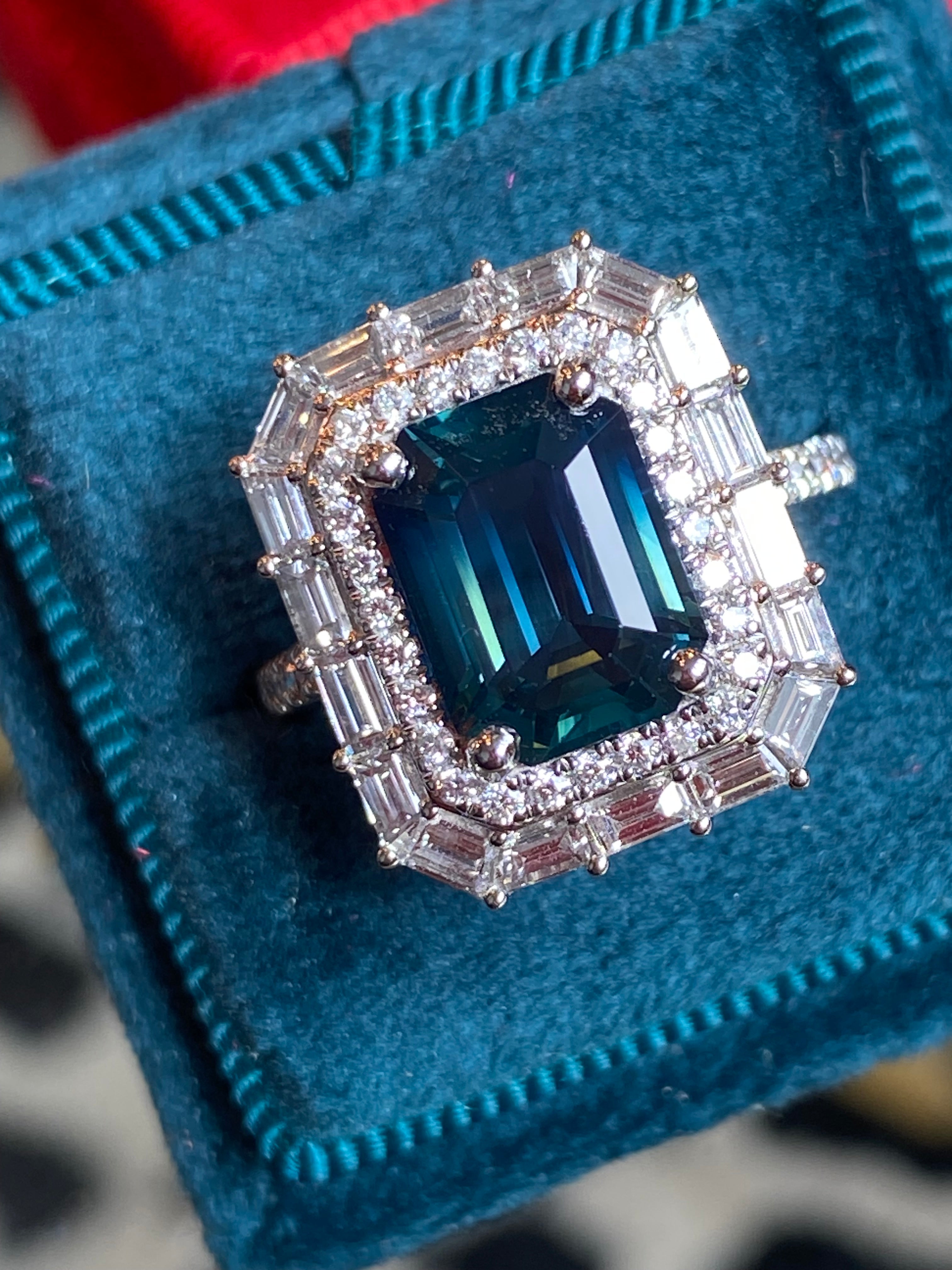 5.34 CTW Ceylon Teal Sapphire and Natural Diamond Ring in Platinum