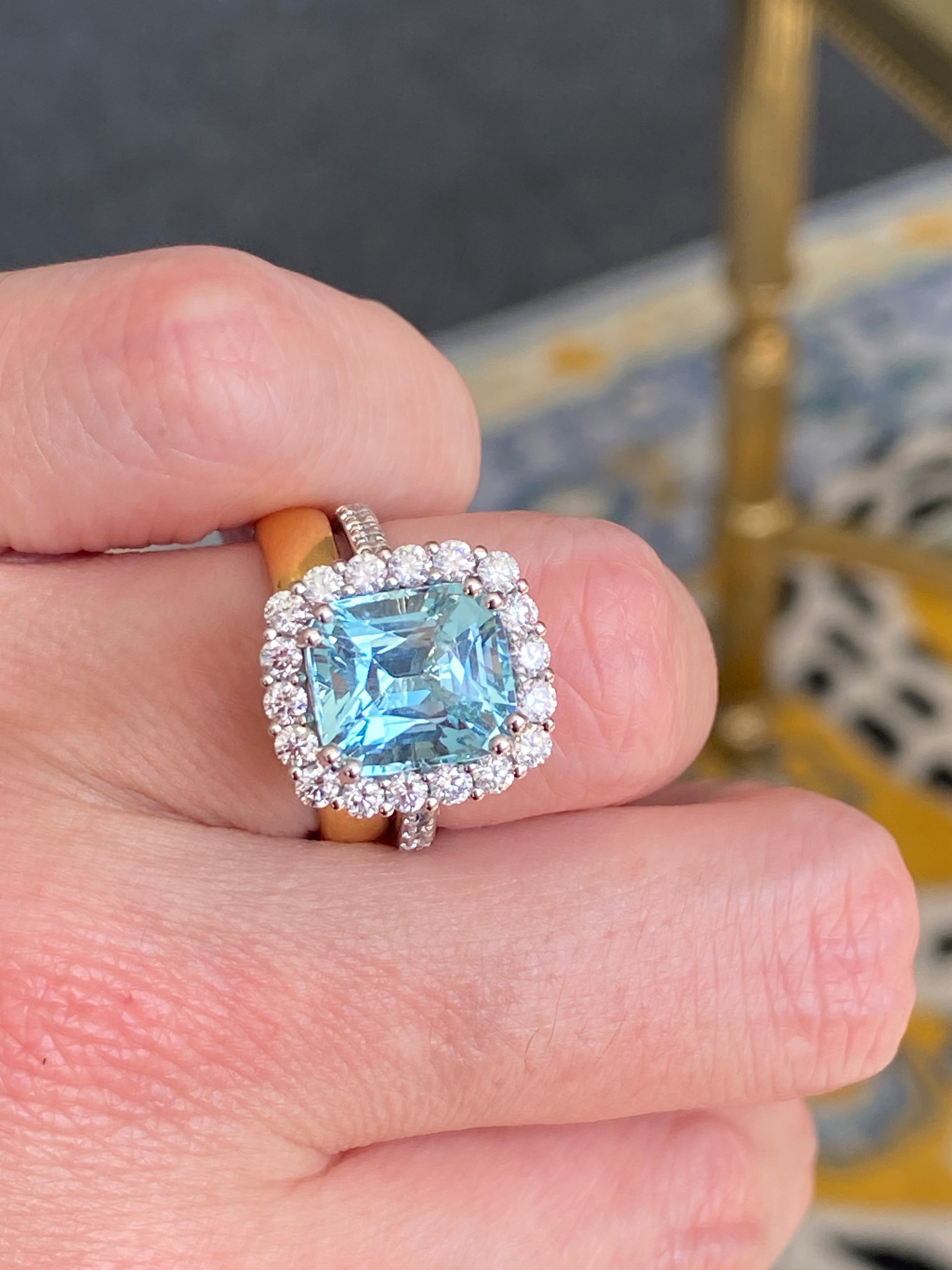 5.69 CTW Cushion Cut Aquamarine and Diamond Engagement Ring in Platinum