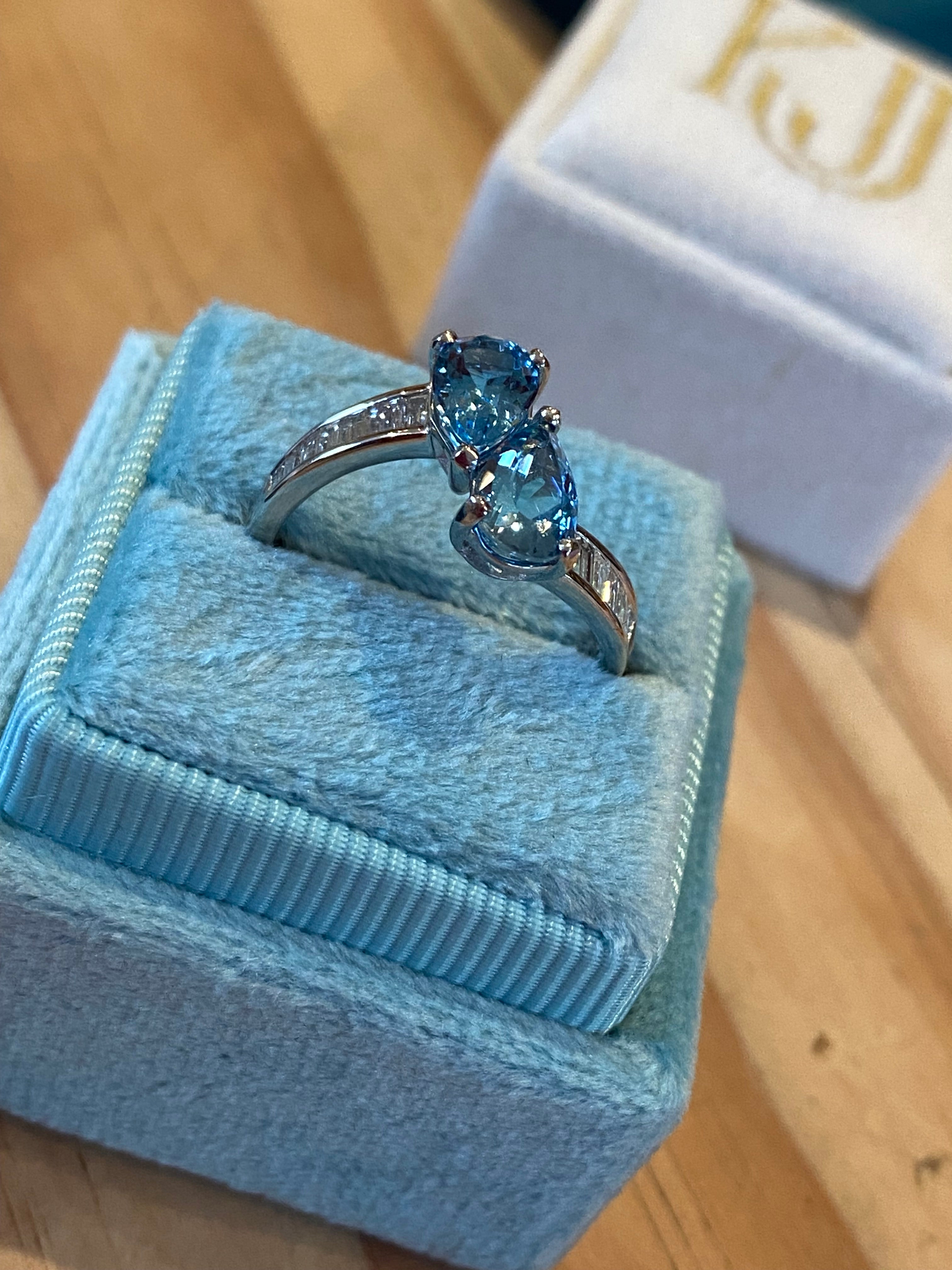 2.01 CTW Pear Cut Aquamarine and Natural Diamond Toi et Moi Ring in Platinum