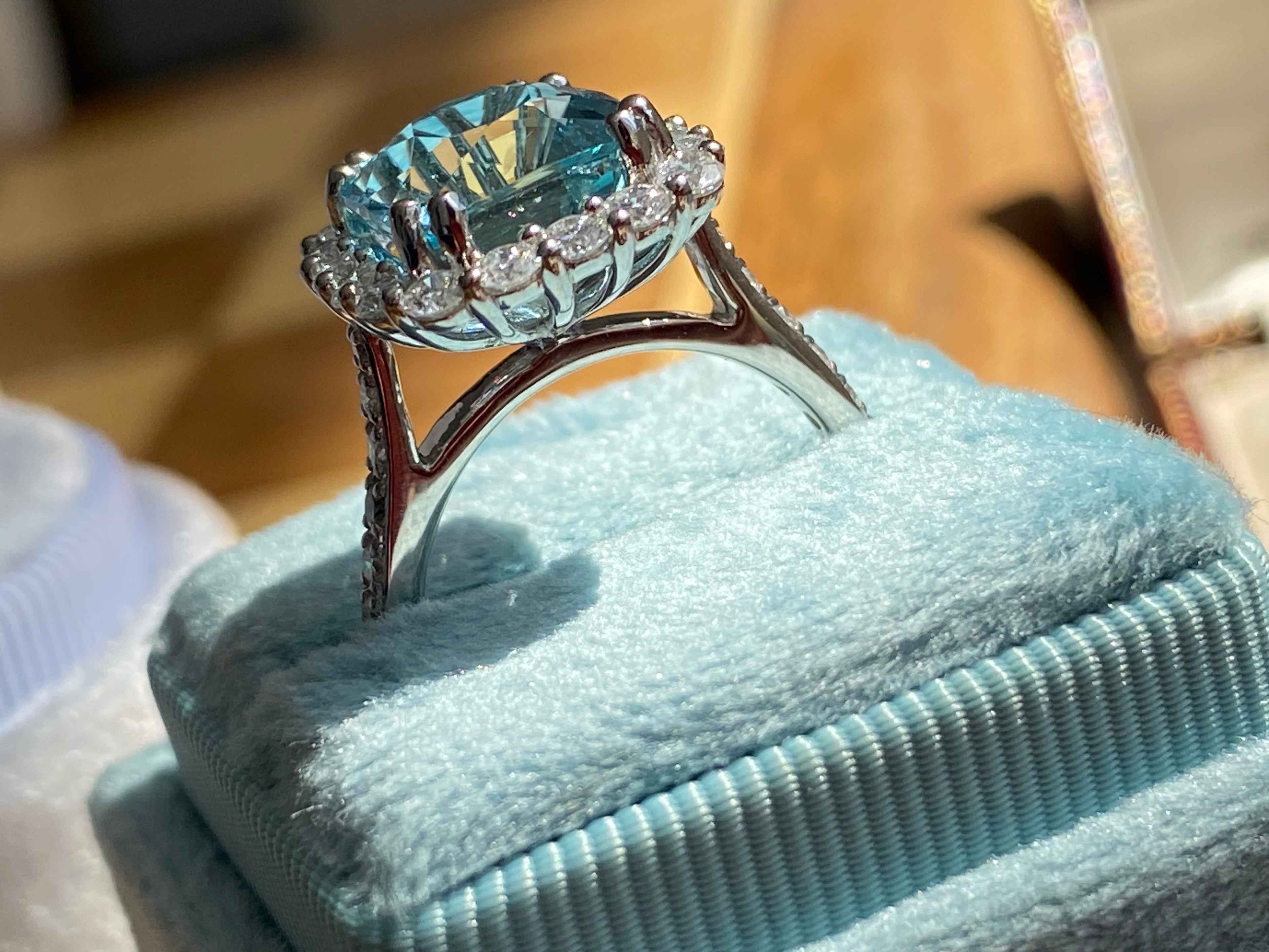 5.69 CTW Cushion Cut Aquamarine and Diamond Engagement Ring in Platinum