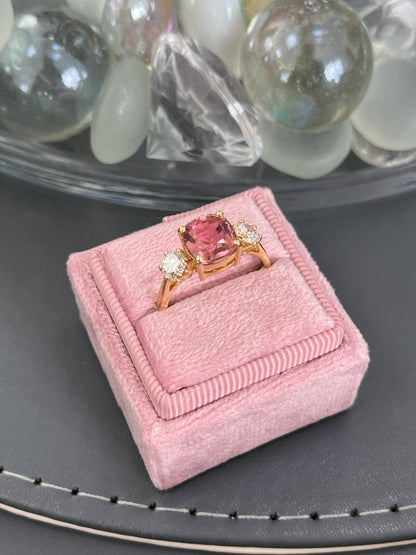 3.12ctw Pink Tourmaline and Natural Diamond Three Stone Ring in 18ct Yellow Gold