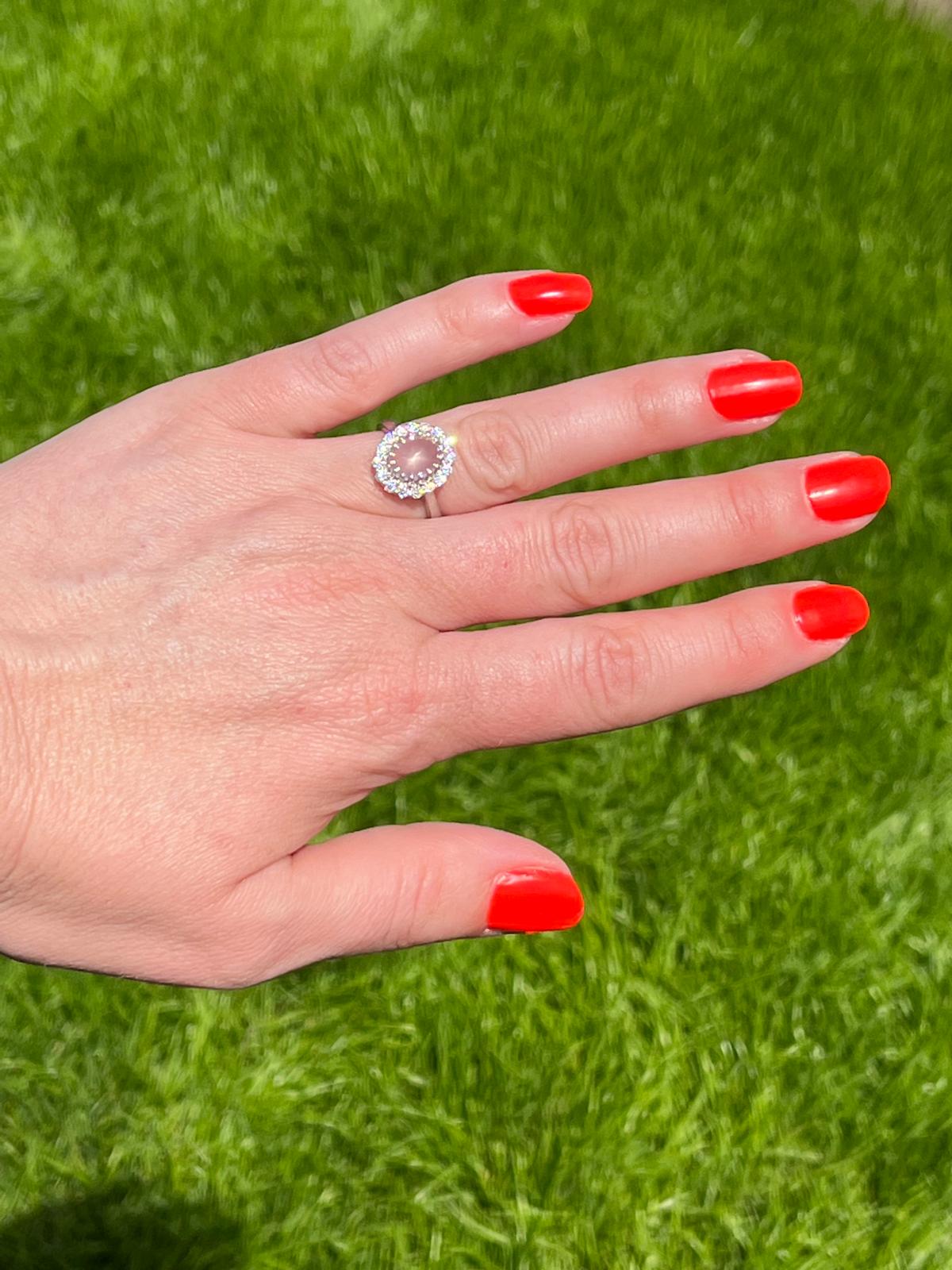 3.50 CTW Oval Cabochon Cut Rose Quartz and Moissanite Halo Cocktail Ring