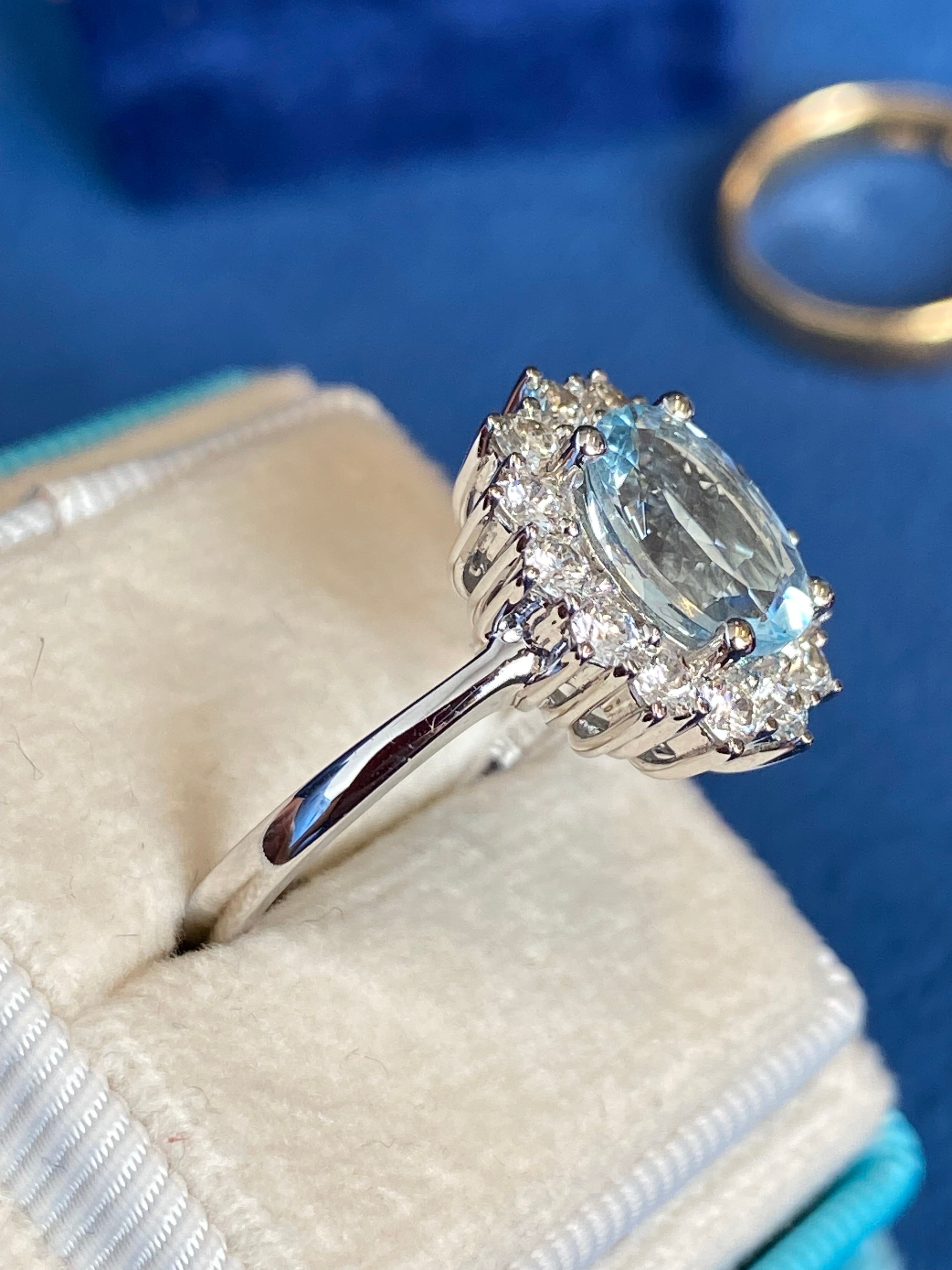 2.02 CTW Oval Cut Aquamarine and Natural Diamond Halo Engagement Ring in Platinum