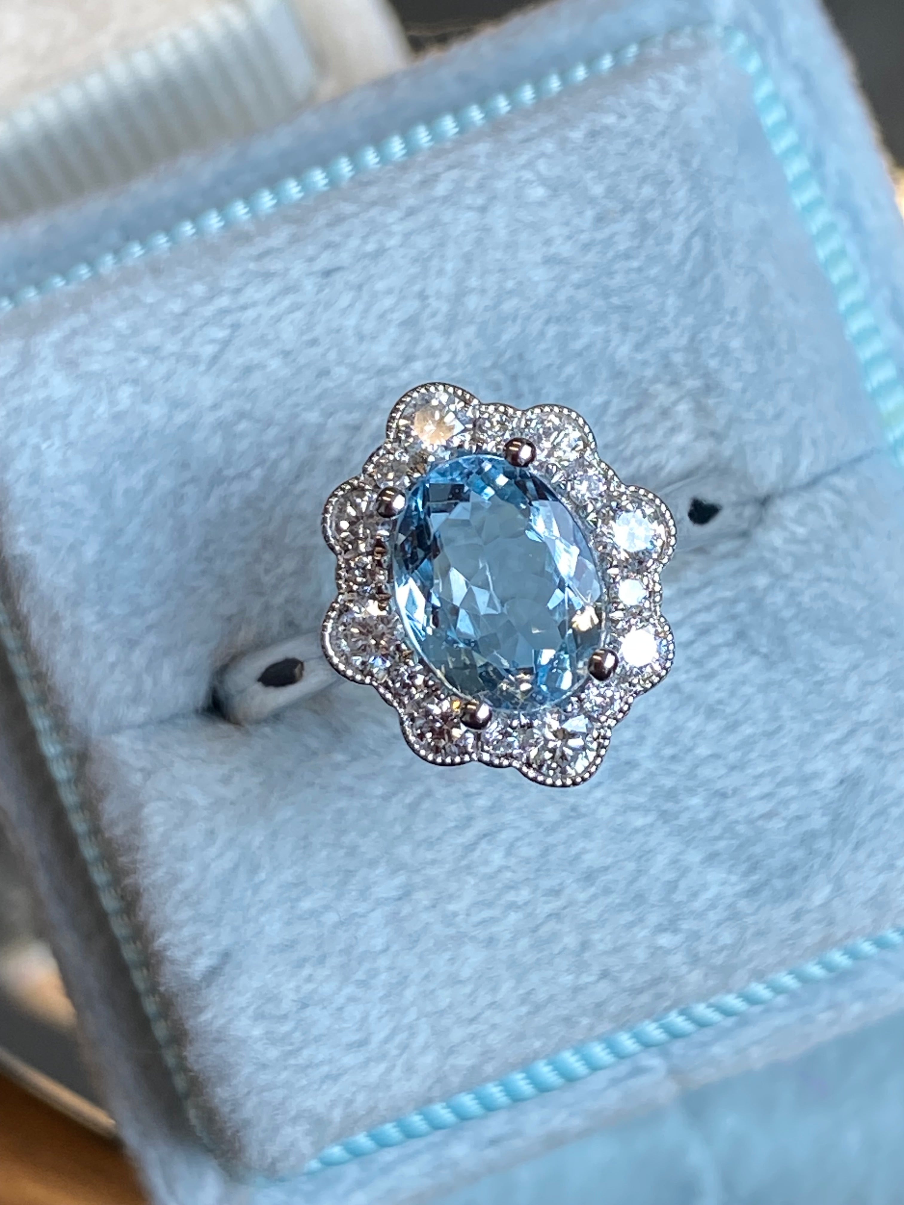 1.55 CTW Oval Cut Aquamarine and Natural Diamond Halo Engagement Ring in Platinum