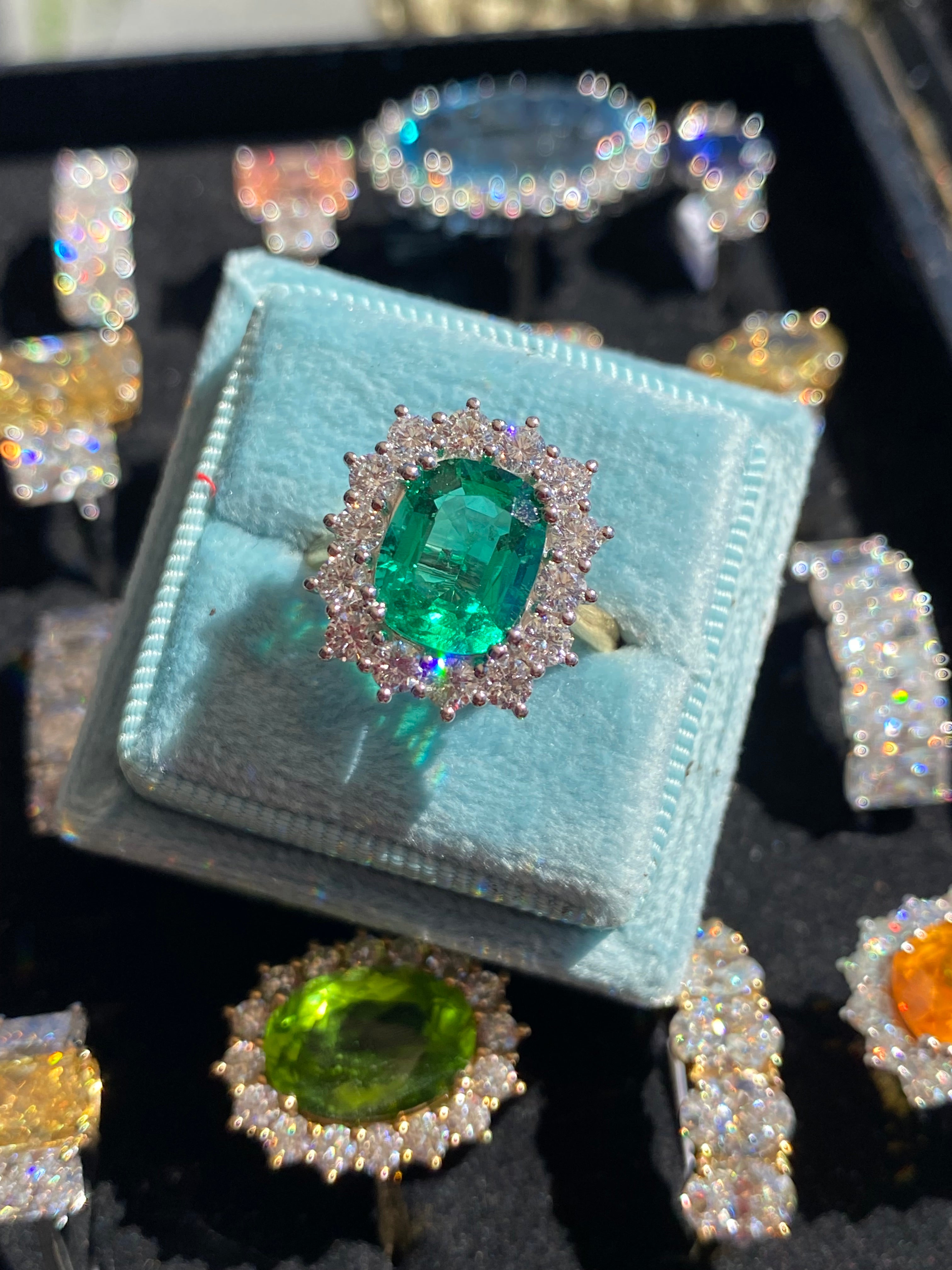 2.58 Carat Cushion Cut GIA Zambian Emerald and 1.07 CTW Natural Diamond Halo Ring in Platinum and 18ct Yellow Gold