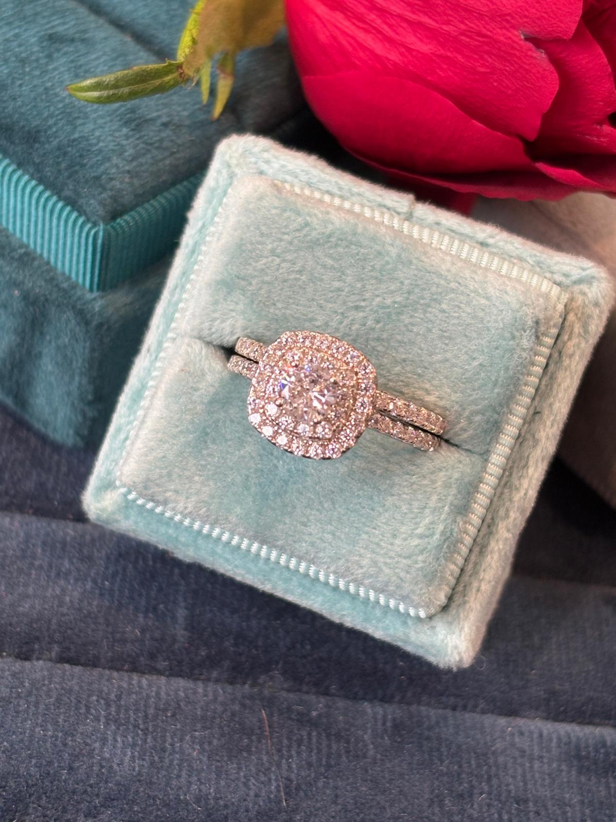 Round Cut Moissanite Double Halo Engagement and Wedding / Eternity Ring Set in Sterling Silver