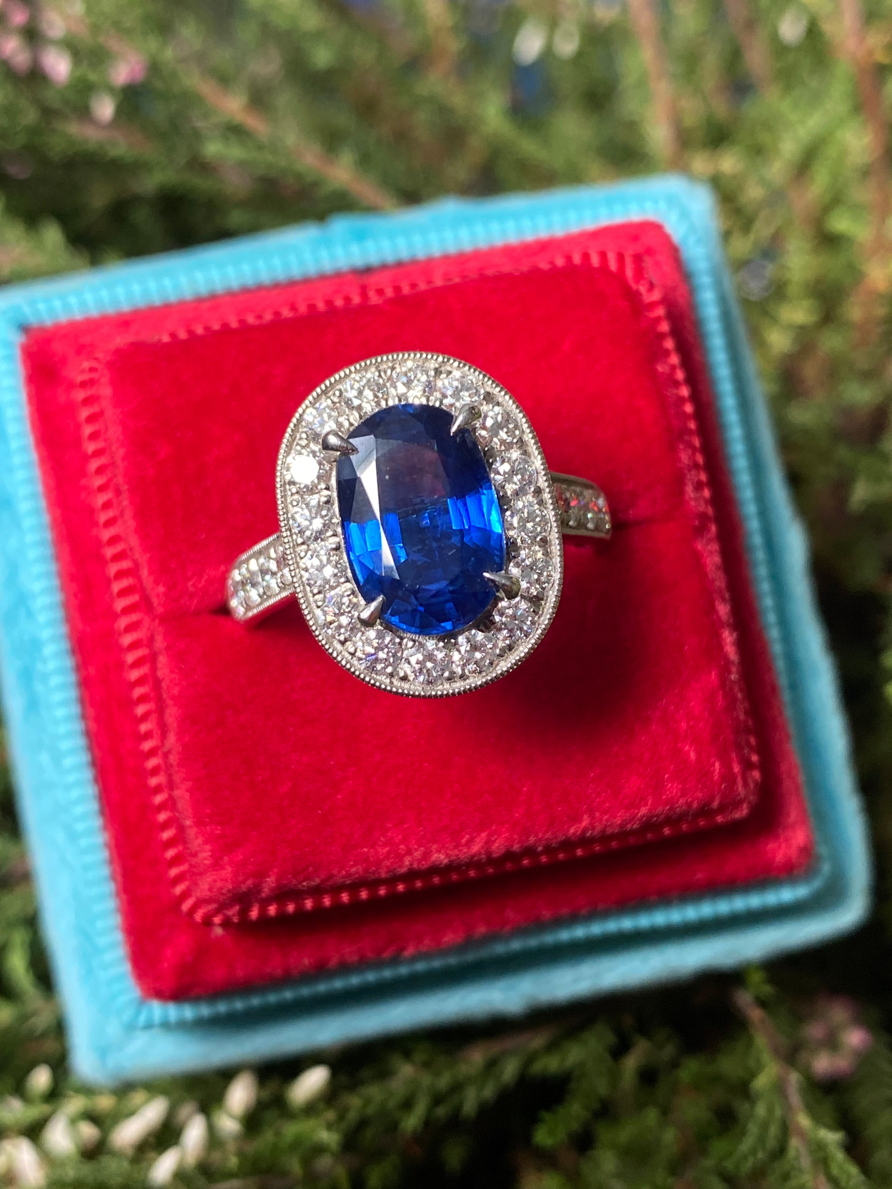 3.61 Carat Blue Ceylon Sapphire and Natural Diamond Halo Ring in Platinum