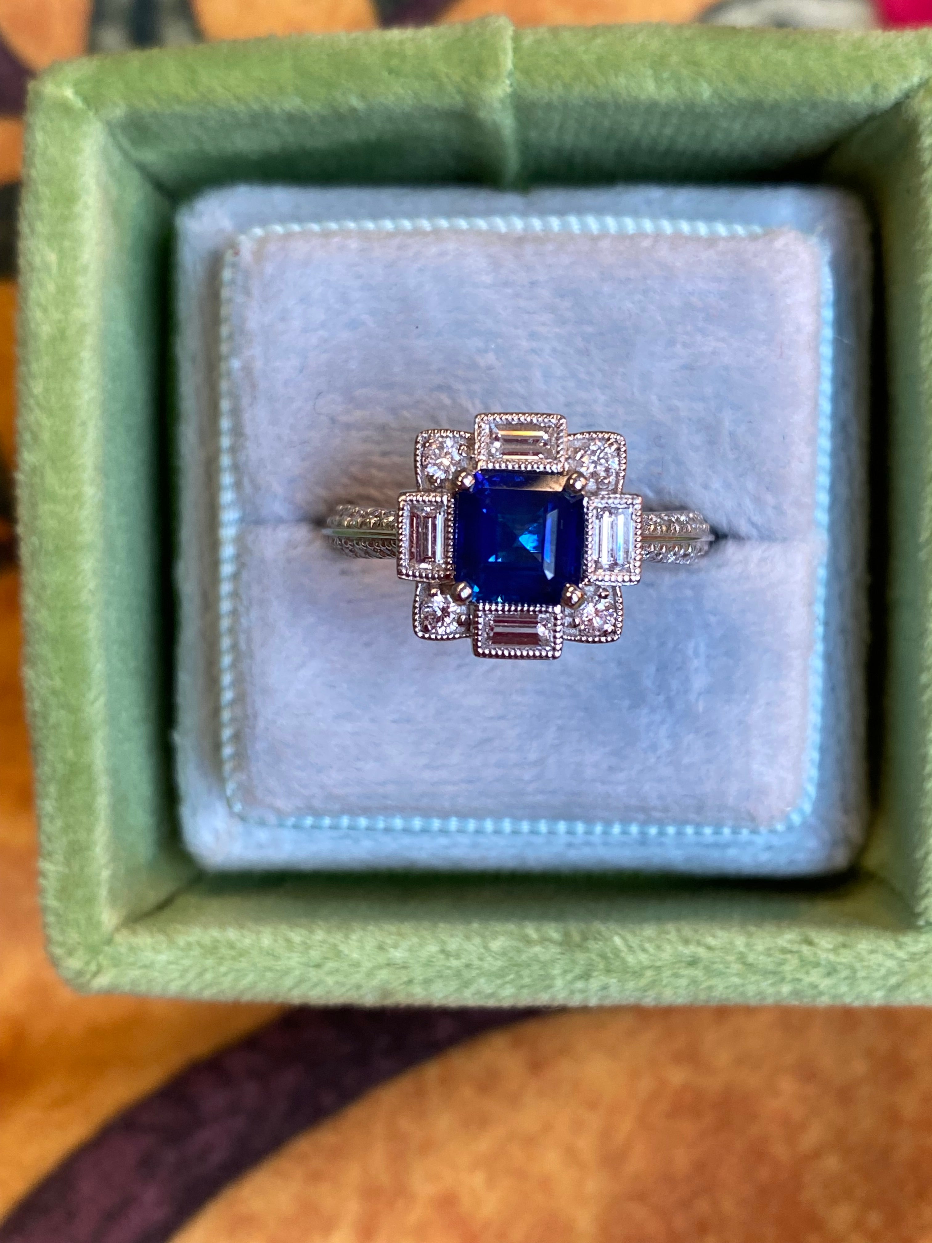1.79 CTW Blue Ceylon Sapphire and Natural Diamond Art Deco Style Halo Ring in Platinum