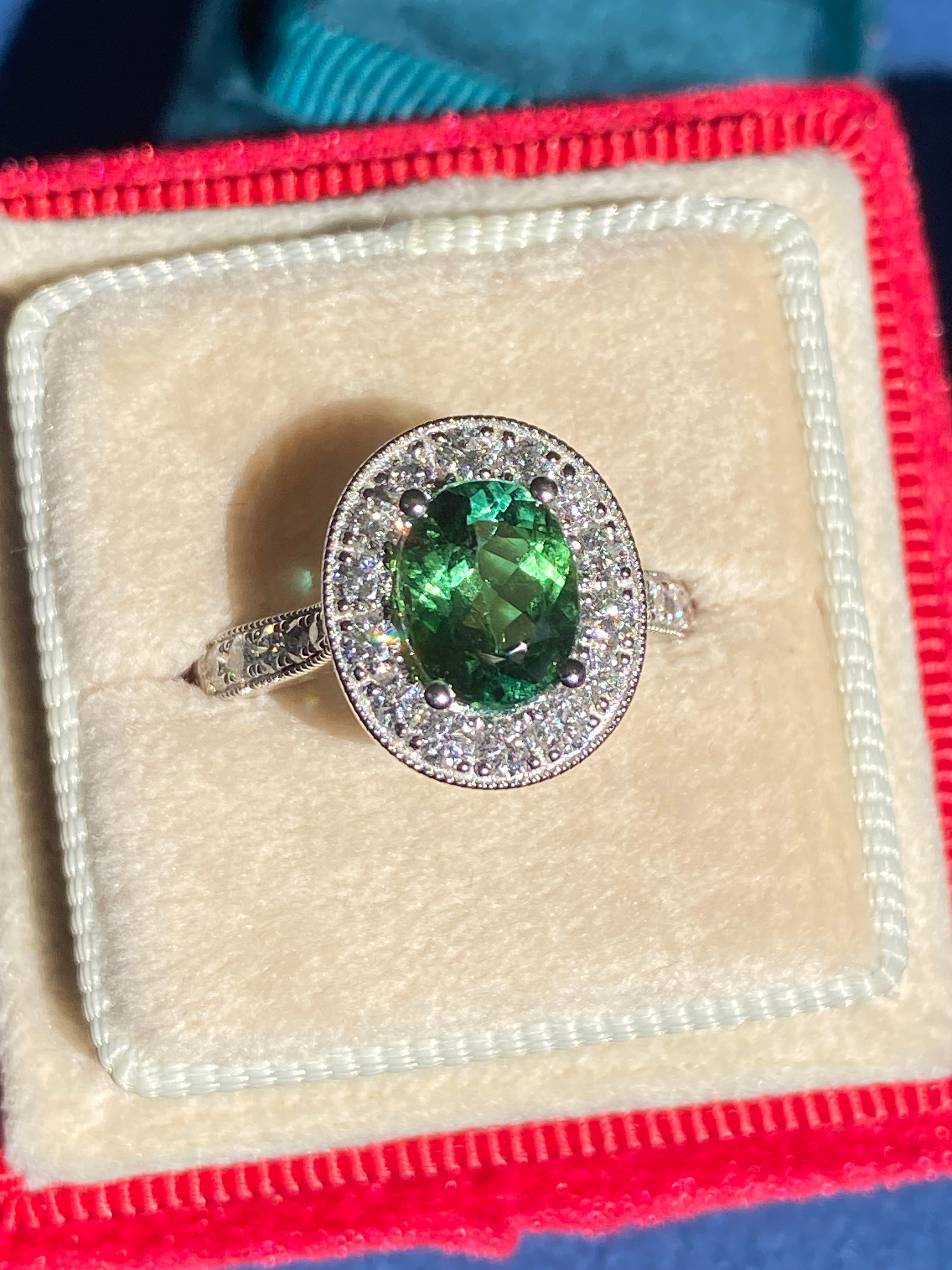 1.66 Carat Oval Cut Mint Tourmaline and 0.66 CTW Natural Diamond Ring in Platinum