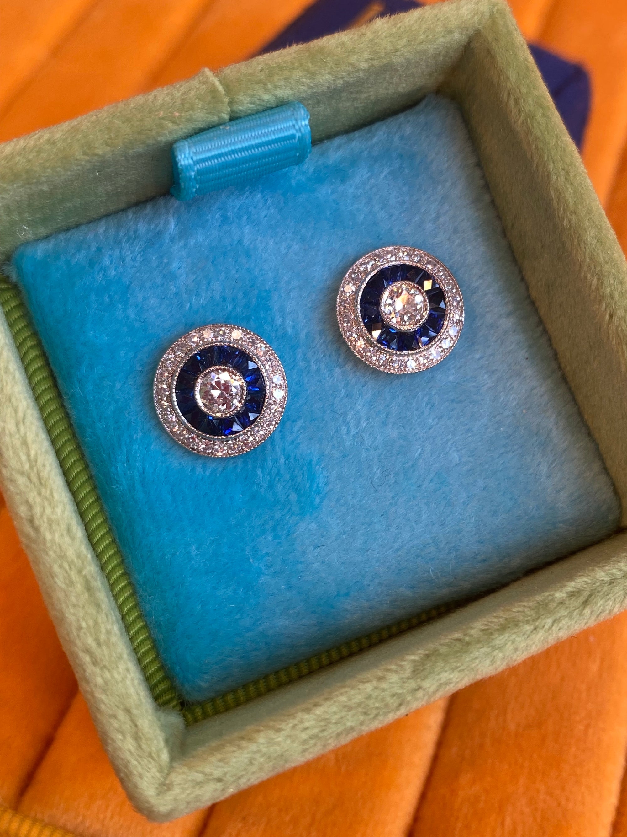 2.00ctw Old Cut Diamond and Sapphire Target Halo Earrings in 18ct Gold
