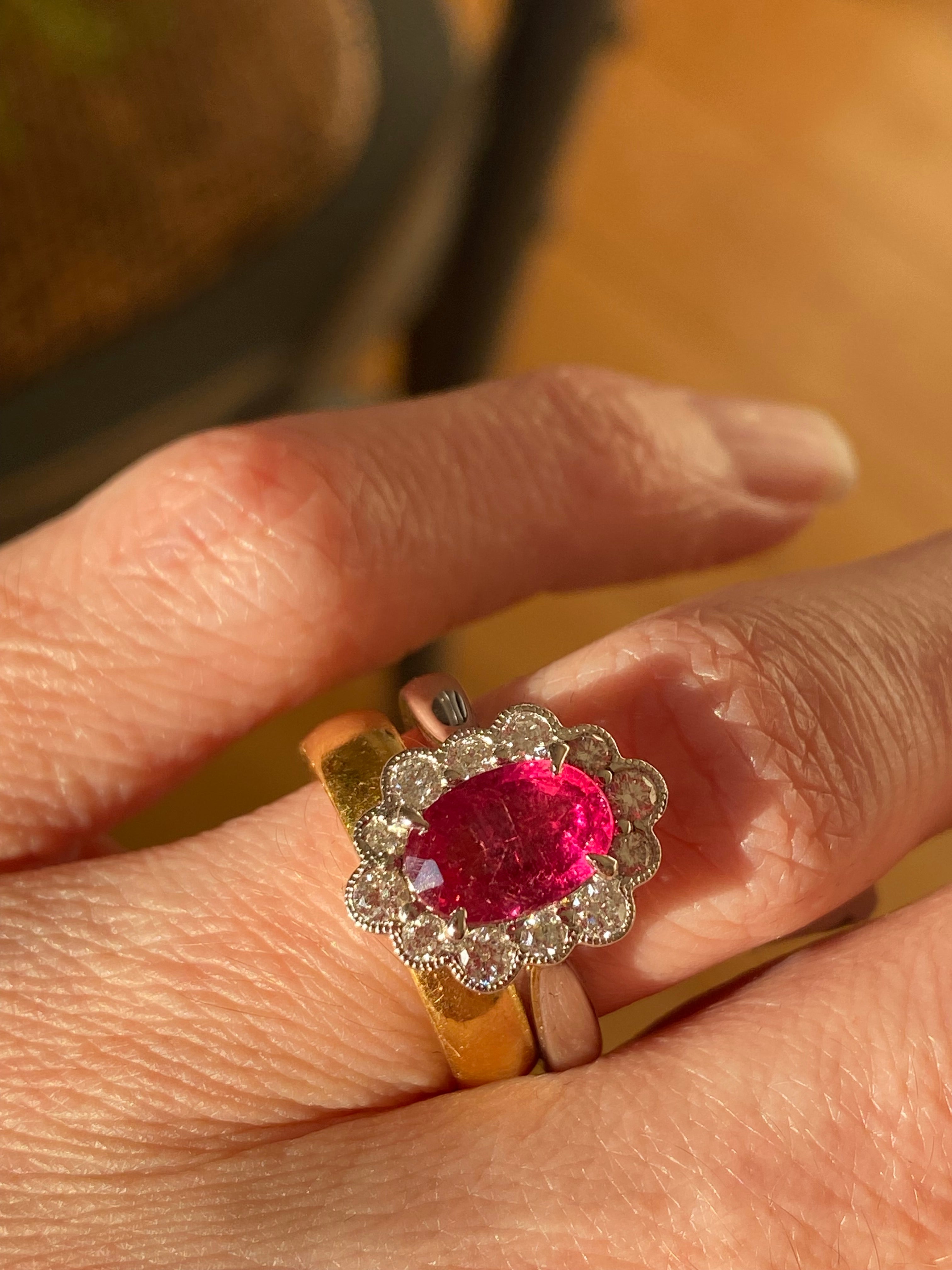 1.44 Carat Cut Pink Tourmaline and Natural Diamond Ring in Platinum