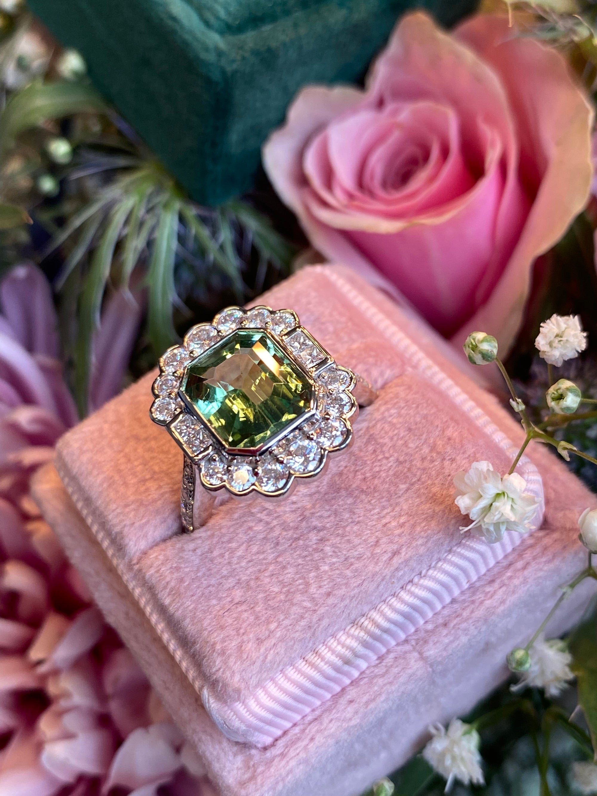 4.01 CTW Emerald Cut Mint Tourmaline and Natural Diamond Ring in Platinum