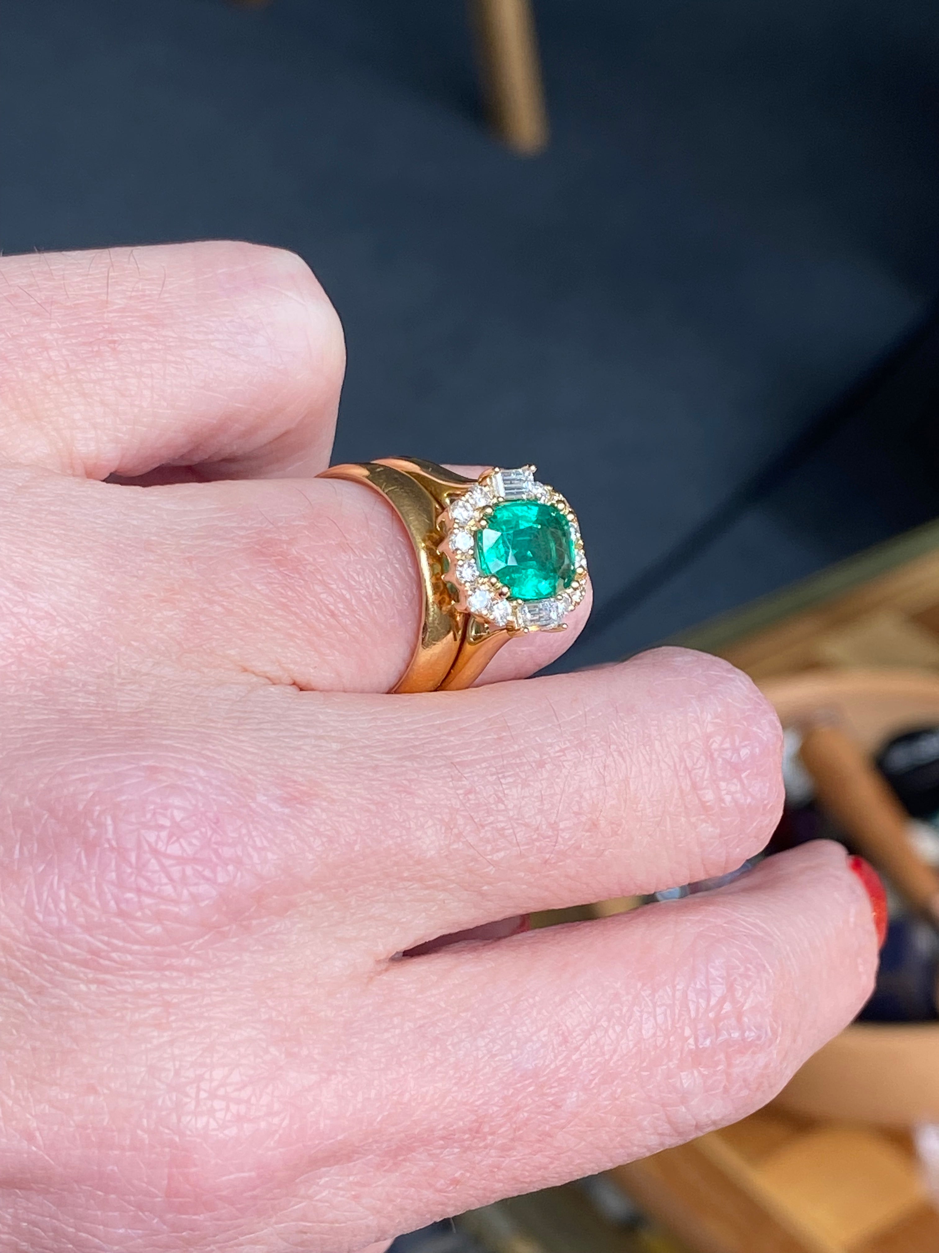 2.59 CTW Cushion Cut Emerald and Natural Diamond Halo Ring in 18ct Yellow Gold