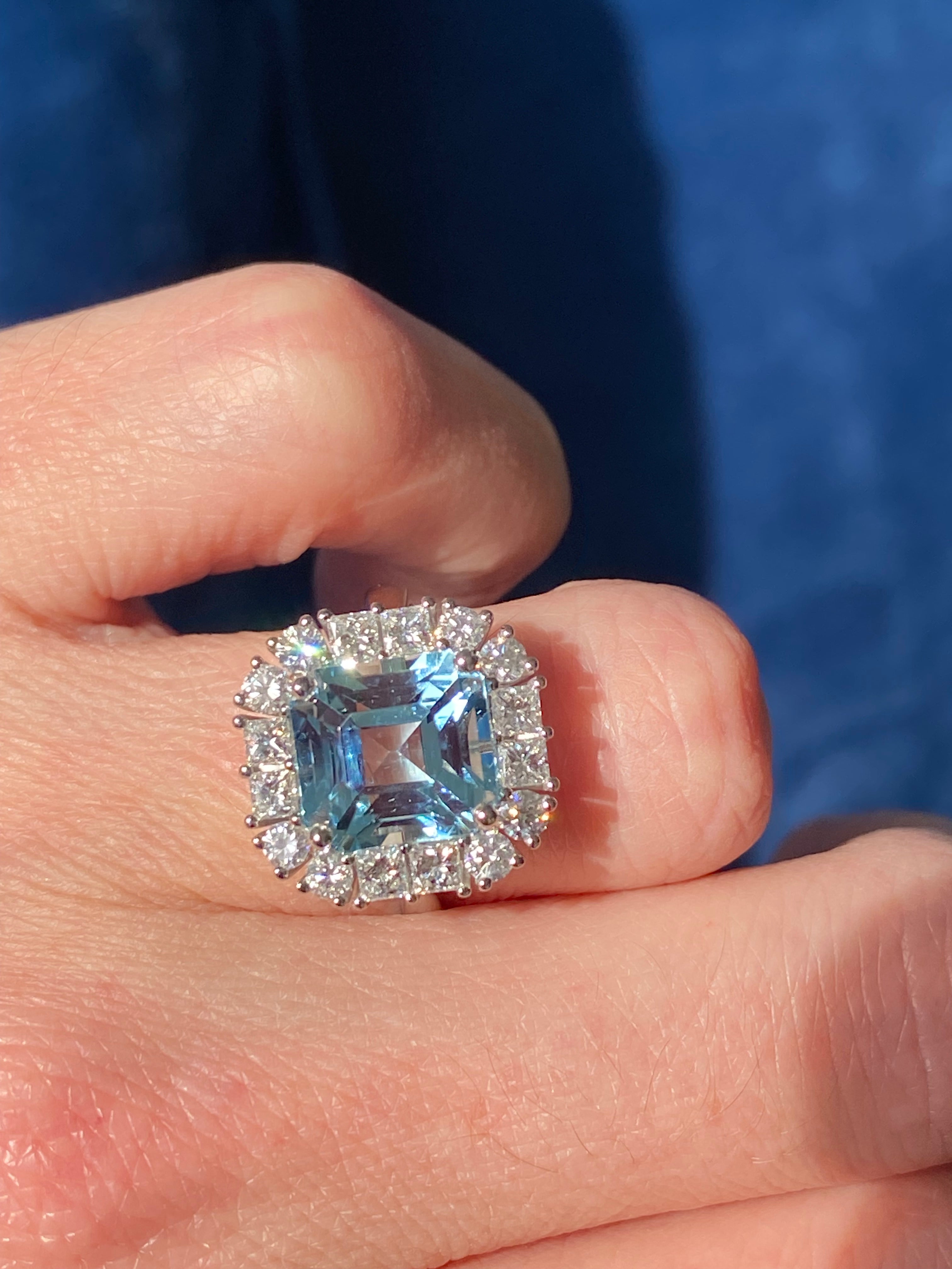6.11 CTW Emerald Cut Aquamarine and Natural Diamond Halo Engagement Ring in Platinum