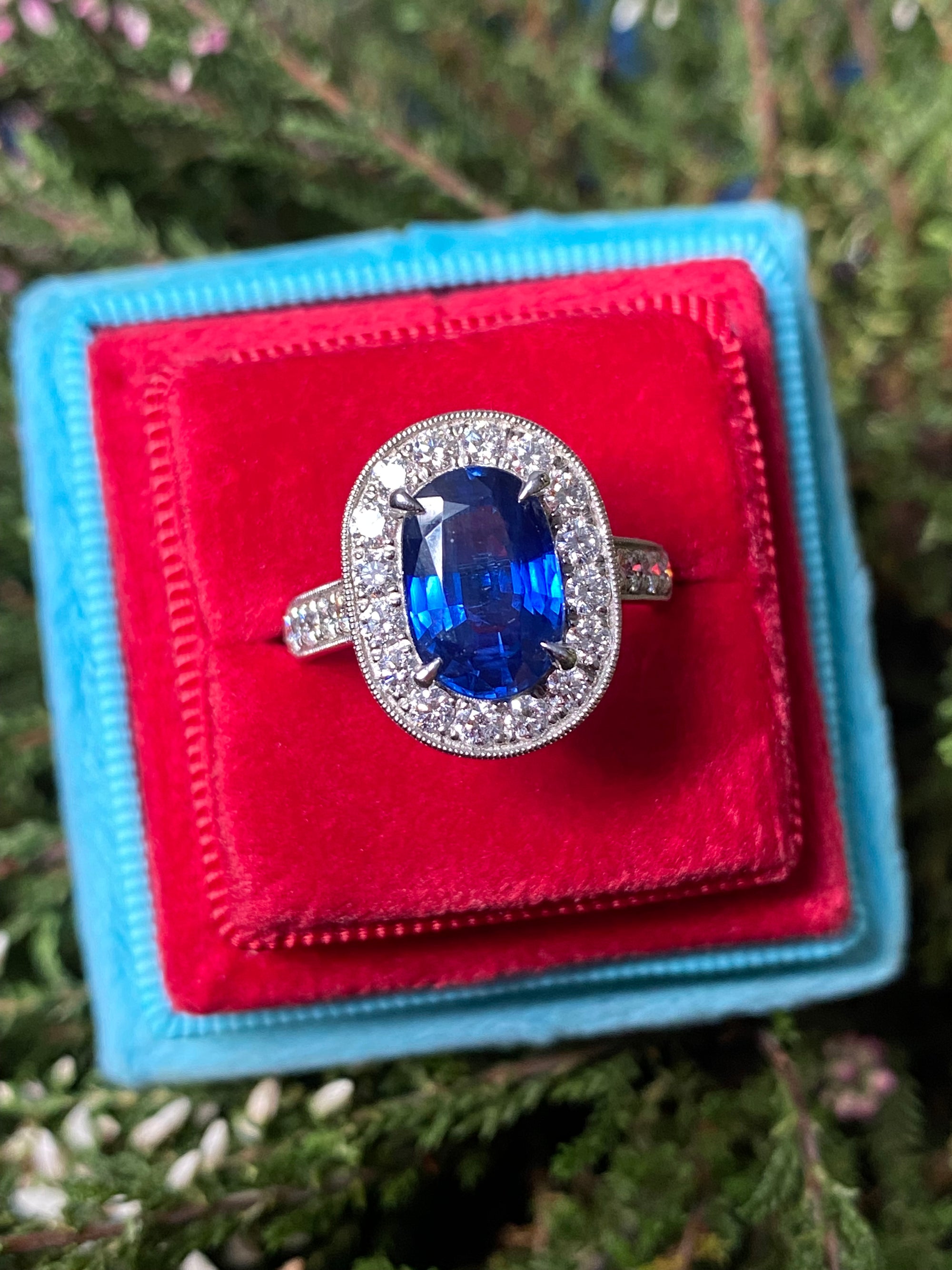 3.61 Carat Blue Ceylon Sapphire and Natural Diamond Halo Ring in Platinum