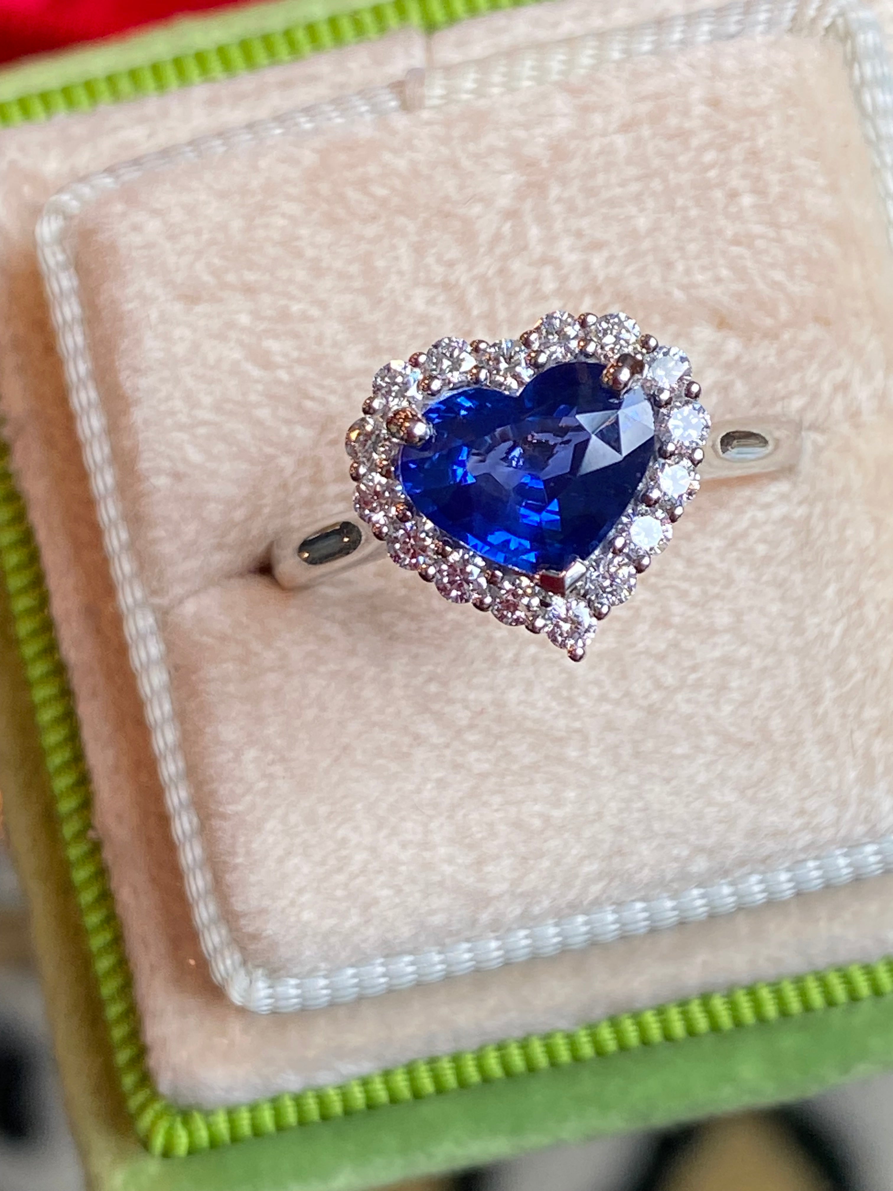 2.24 Carat Heart Shape Ceylon Sapphire and Natural Diamond Halo Ring in Platinum