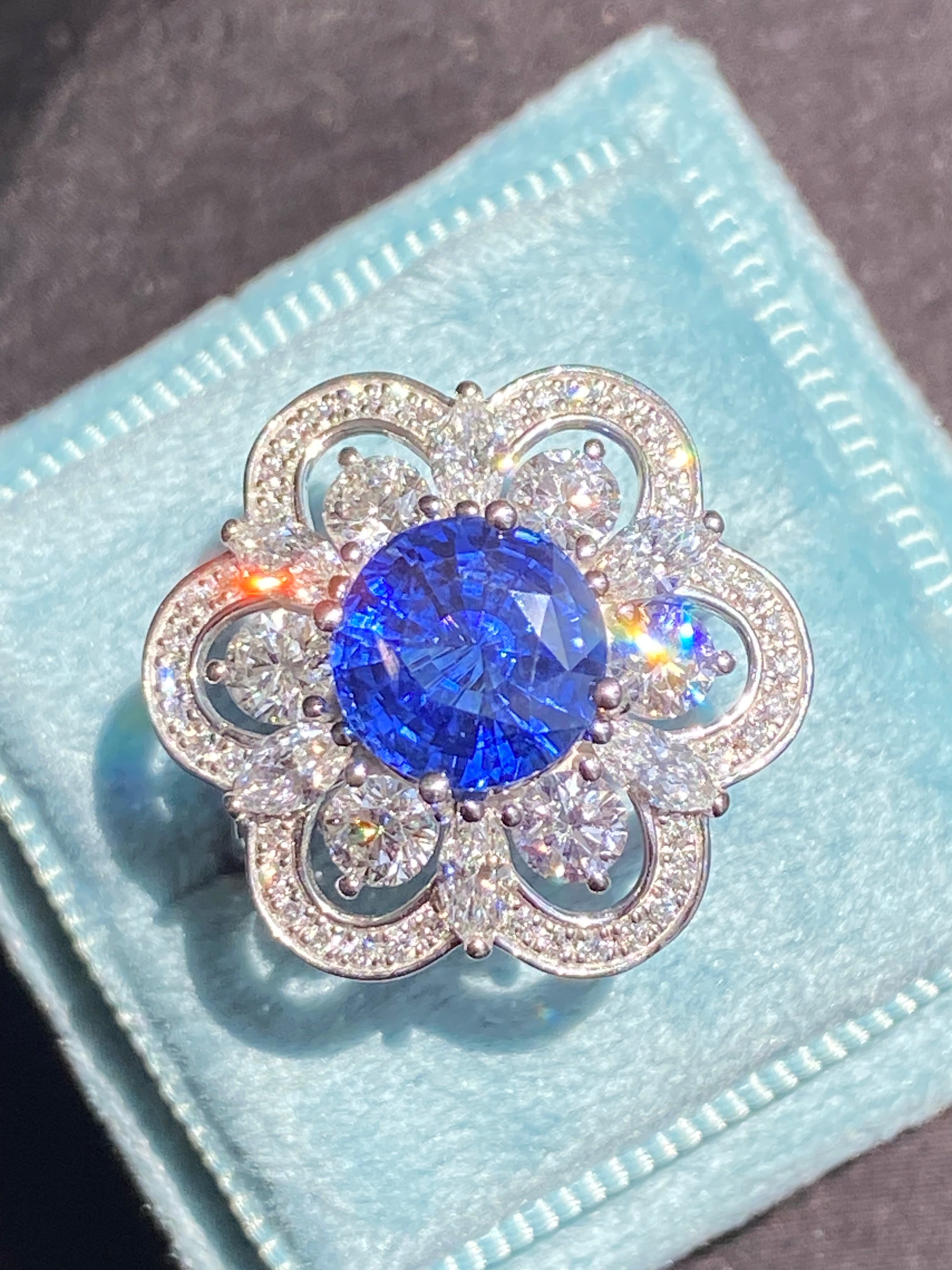 Masterpiece Showstopper 5.44 CTW Ceylon Sapphire and Natural Diamond Halo Cocktail Ring in Platinum