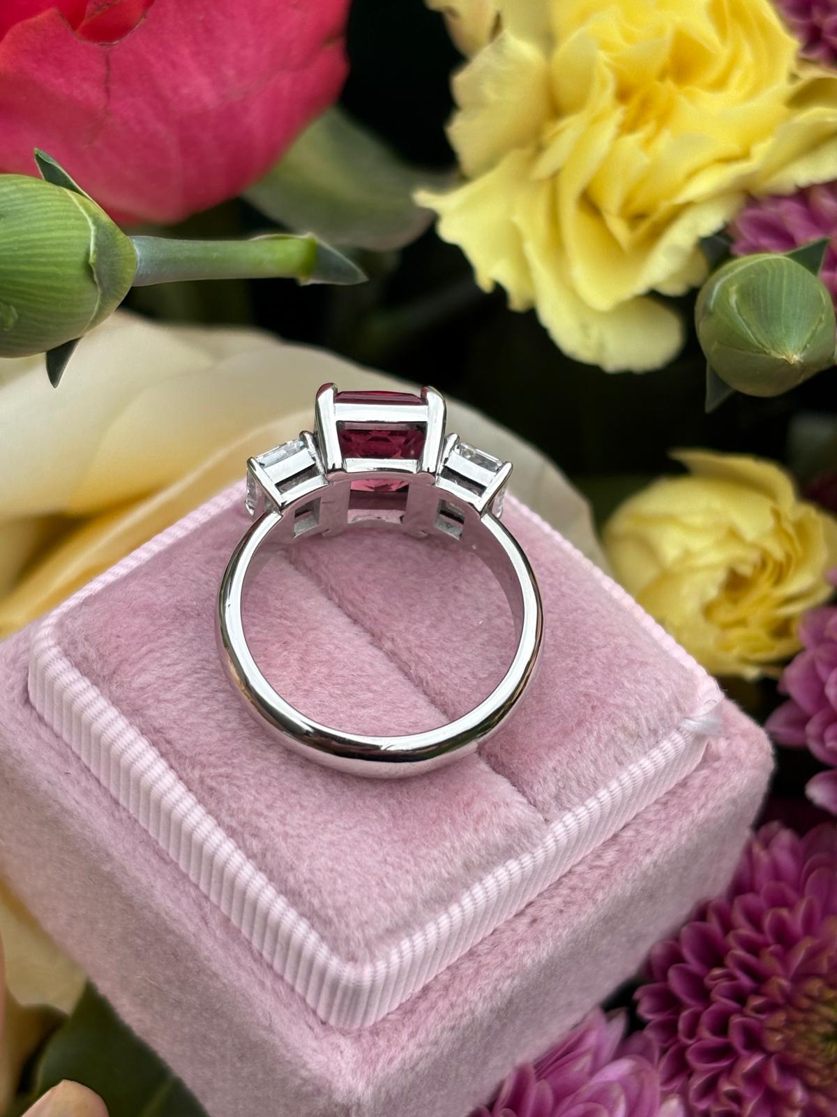 3.45 Carat Pink Tourmaline and 1.34 CTW Lab Diamond Ring in Platinum