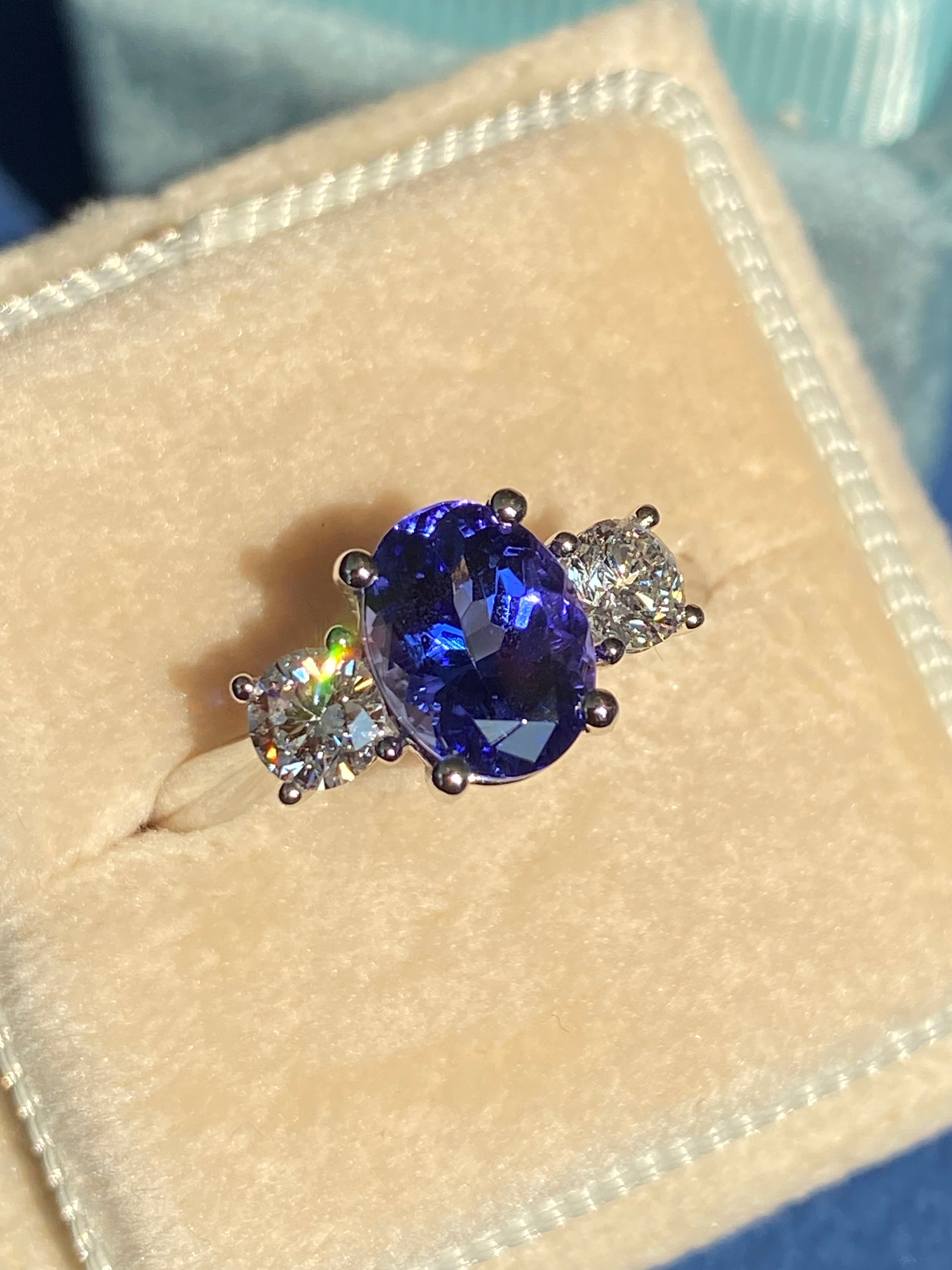 2.08 CTW Tanzanite and Natural Diamond Three Stone Ring in Platinum