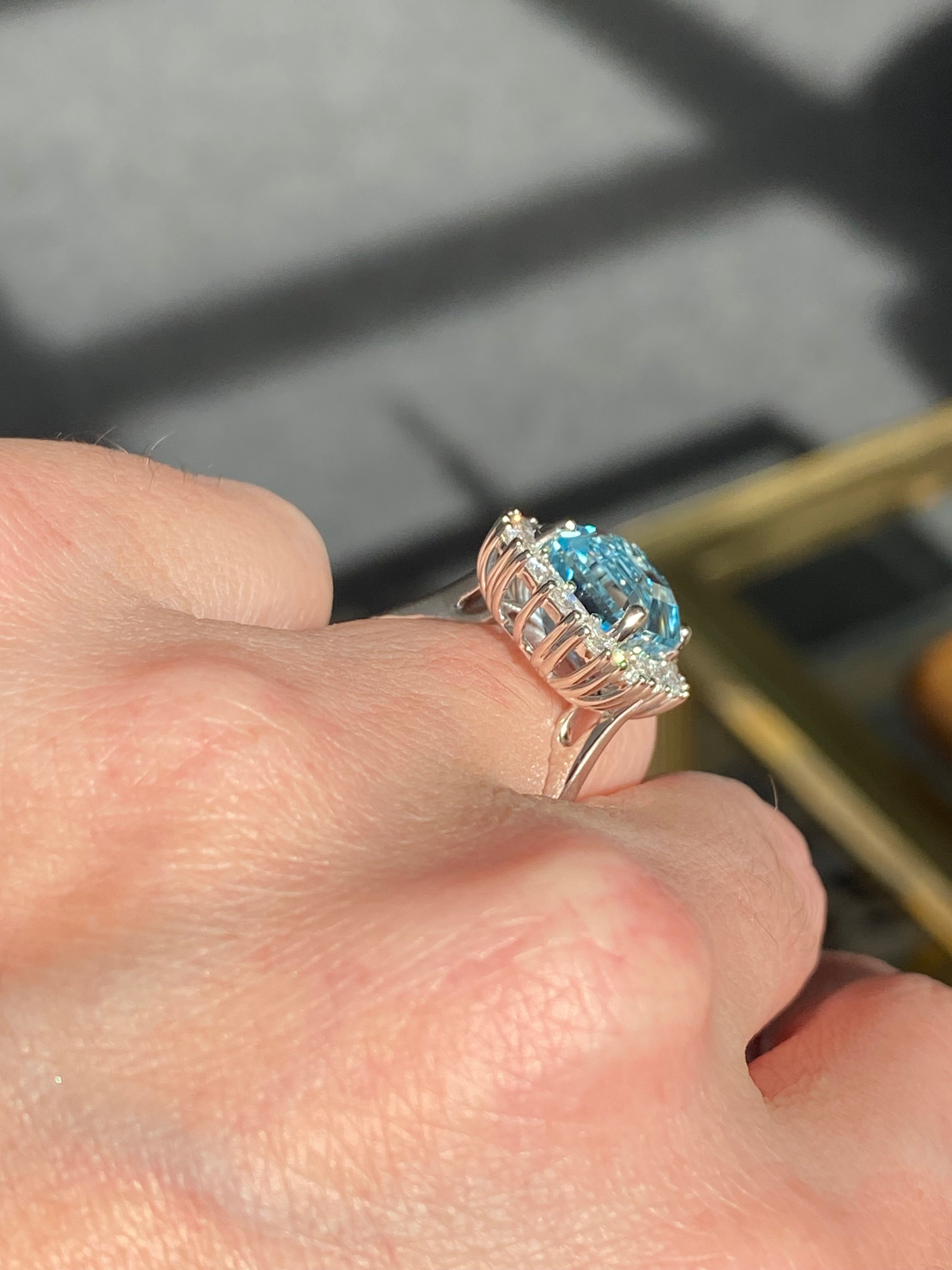 6.11 CTW Emerald Cut Aquamarine and Natural Diamond Halo Engagement Ring in Platinum