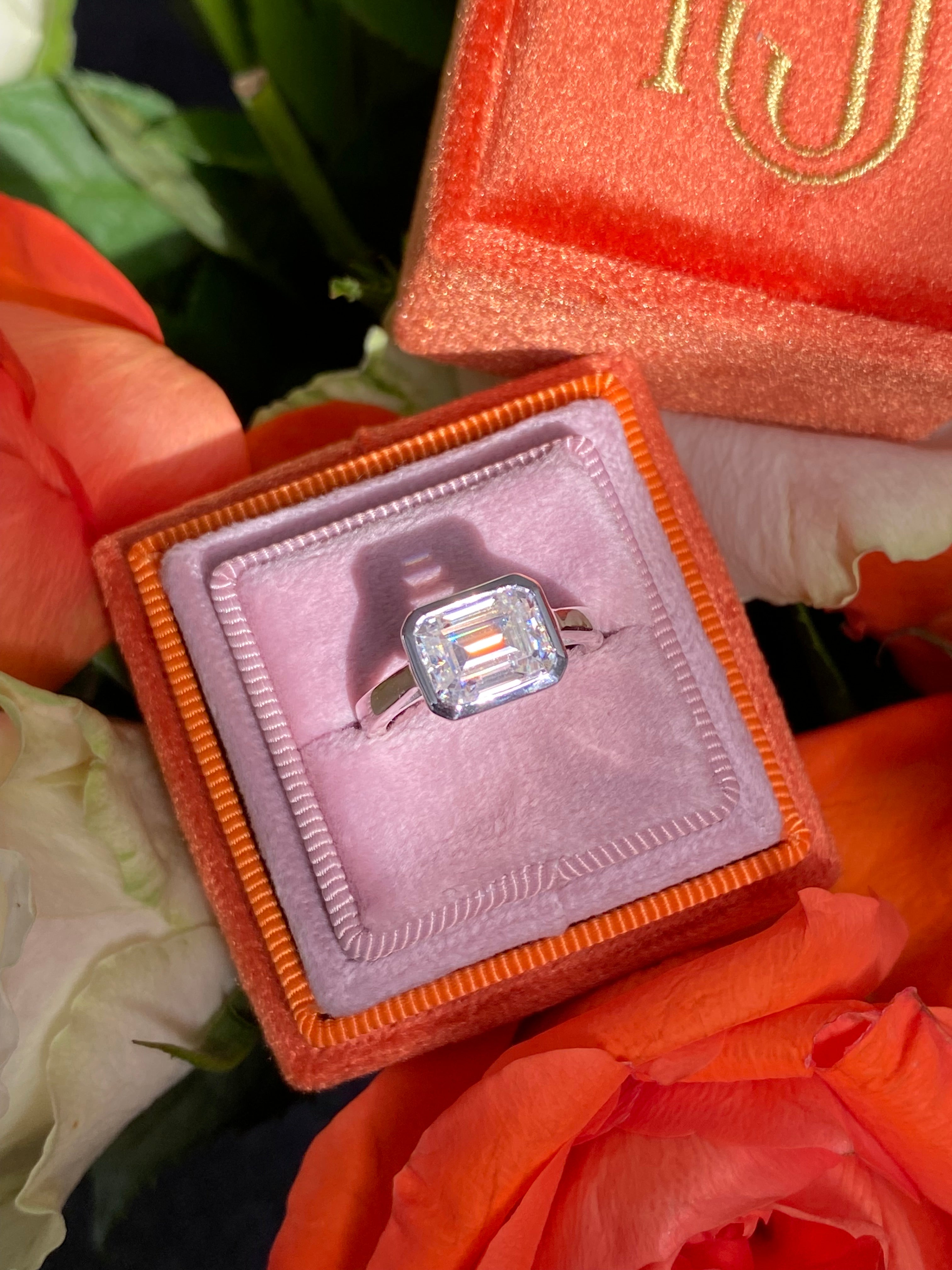 3.00 Carat Emerald Cut Moissanite East West Solitaire Ring in Sterling Silver