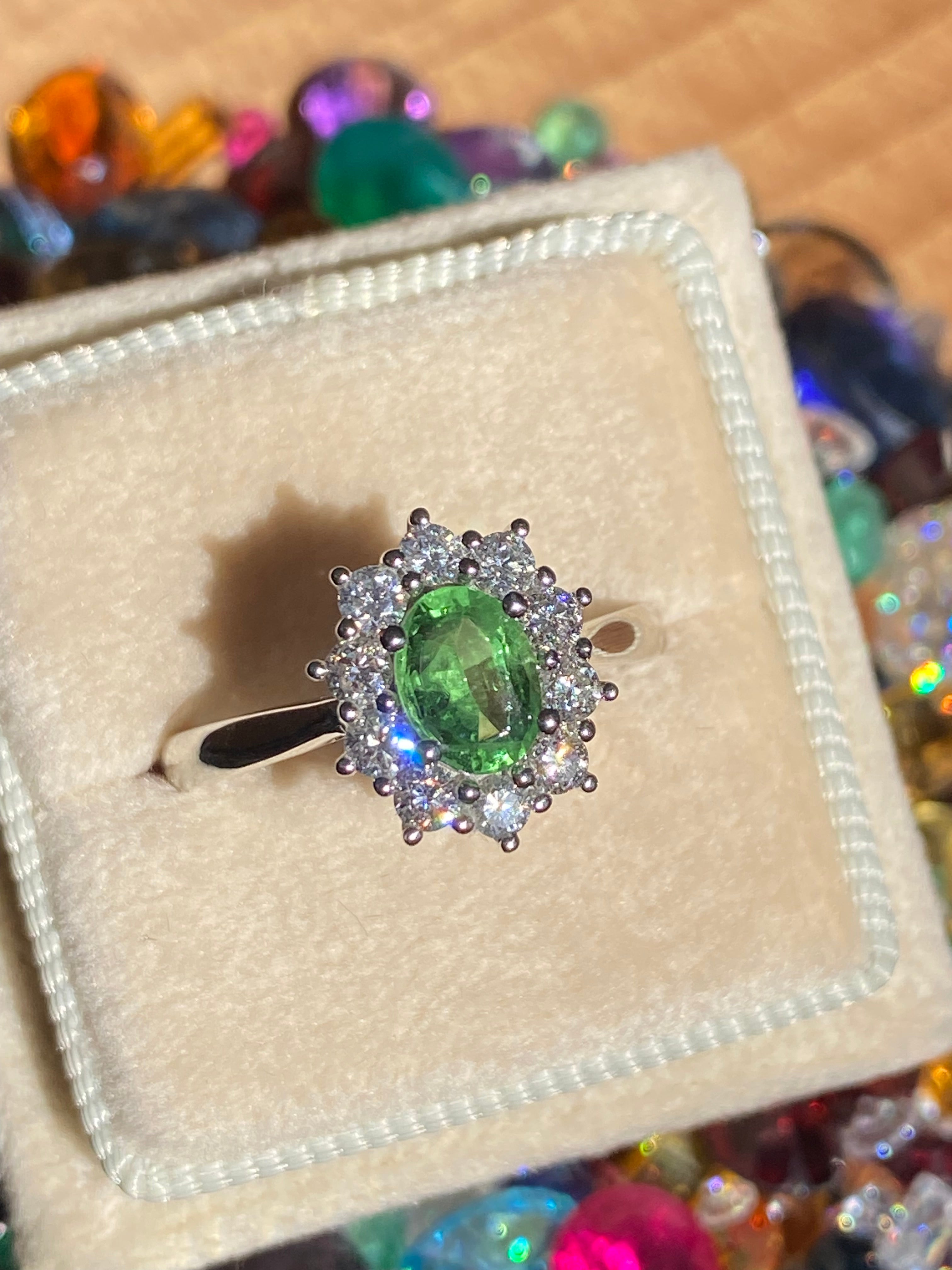 1.32 CTW Tsavorite Garnet and Natural Diamond Halo Ring in Platinum