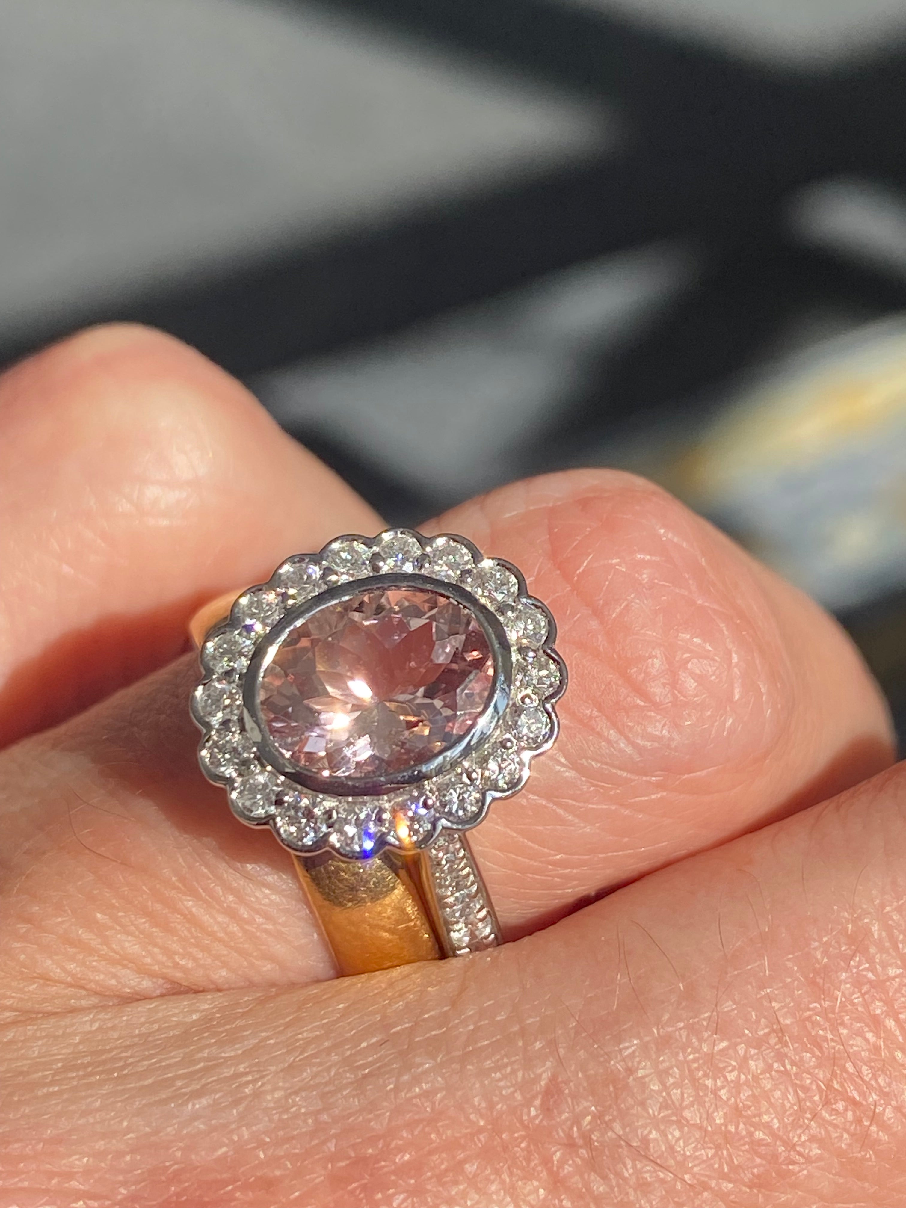 1.76 Carat Morganite and Natural Diamond Cluster Ring in Platinum