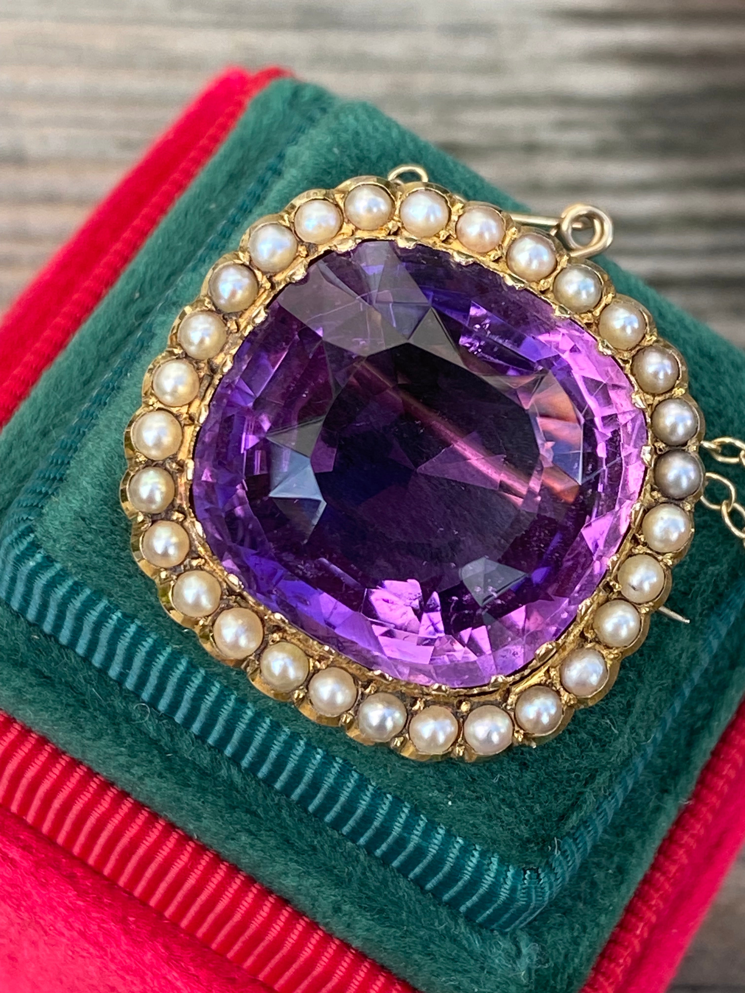 Antique 30.00ct Amethyst and Seed Pearl Brooch in 18ct Yellow Gold